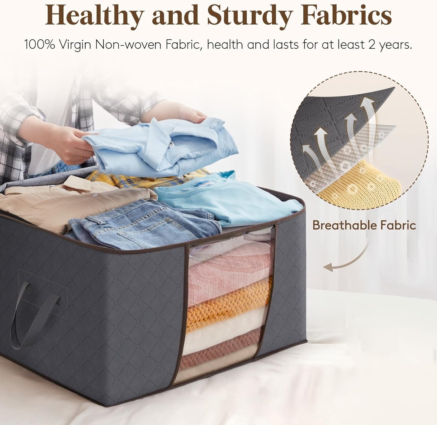 Lifewit 8 Pack Foldable Clothes Storage Bins with Lids, Gray, Non-woven Fabric, Rectangular, Sturdy Zipper, Reinforced Handle, 21.6" x 13.7" x 12.4", 60L Capacity Each, Ideal for Clothes and Bedding