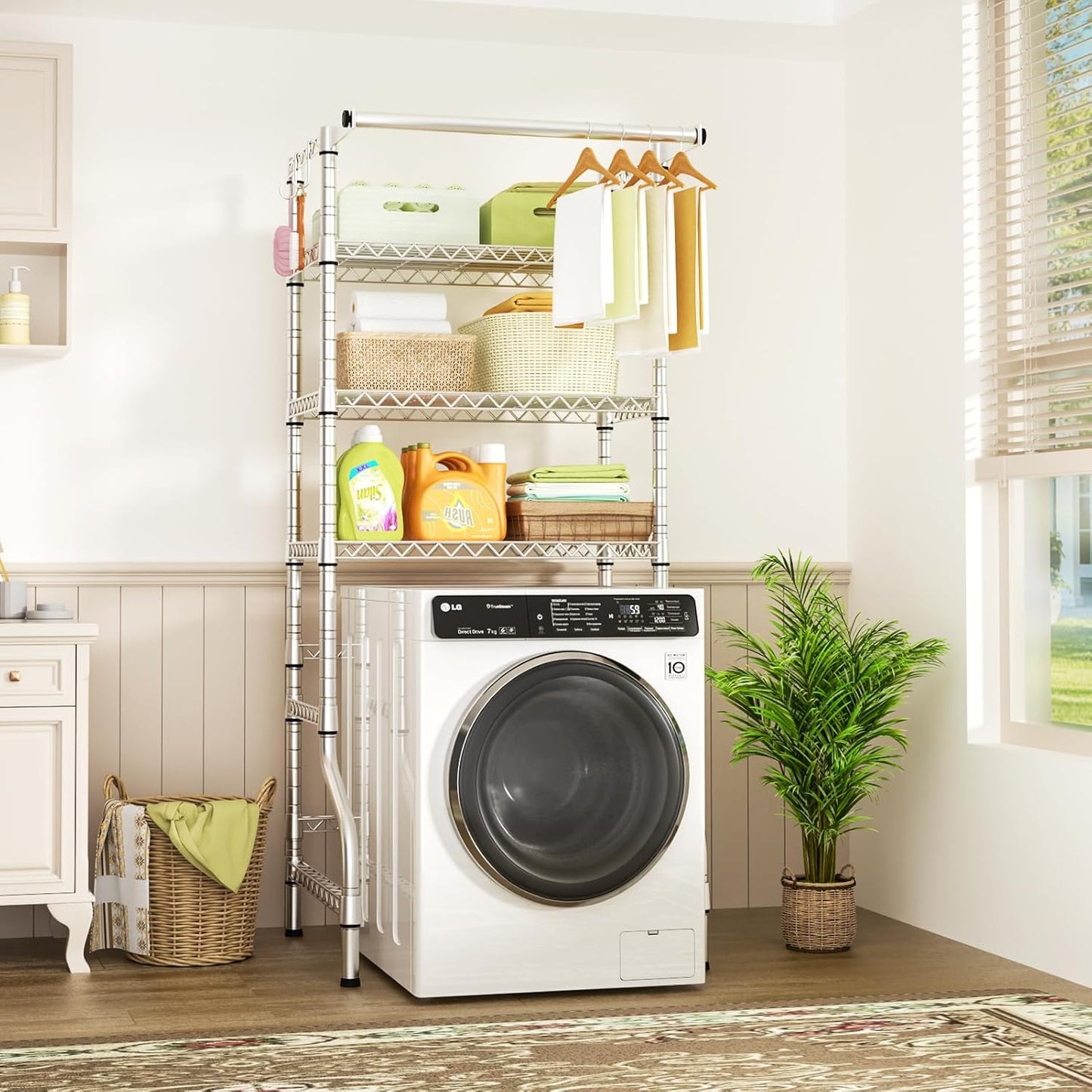 Ulif U11 Medium Over Washer and Dryer Shelves, 3 Tiers Laundry Room Storage and Organizer Standing Shelf, Metal Freestanding Clothes Drying Rack, 31.1" W x 19.7" D x 77.6" H, Chrome