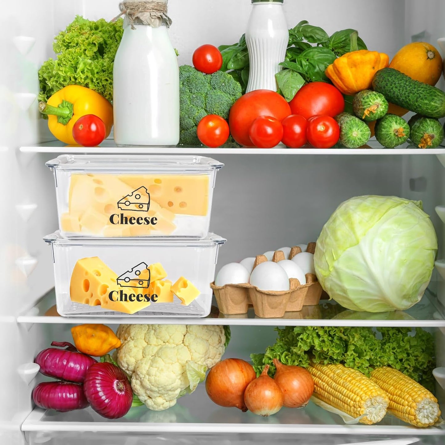 Cheese Container Airtight with Draining Basket Cream Cheese Sliced Cheeses Box with Lid Saver for Fridge Cheeses Keeper Cream Block Shredded Storage Box Saver (Clear - 2 Pack)