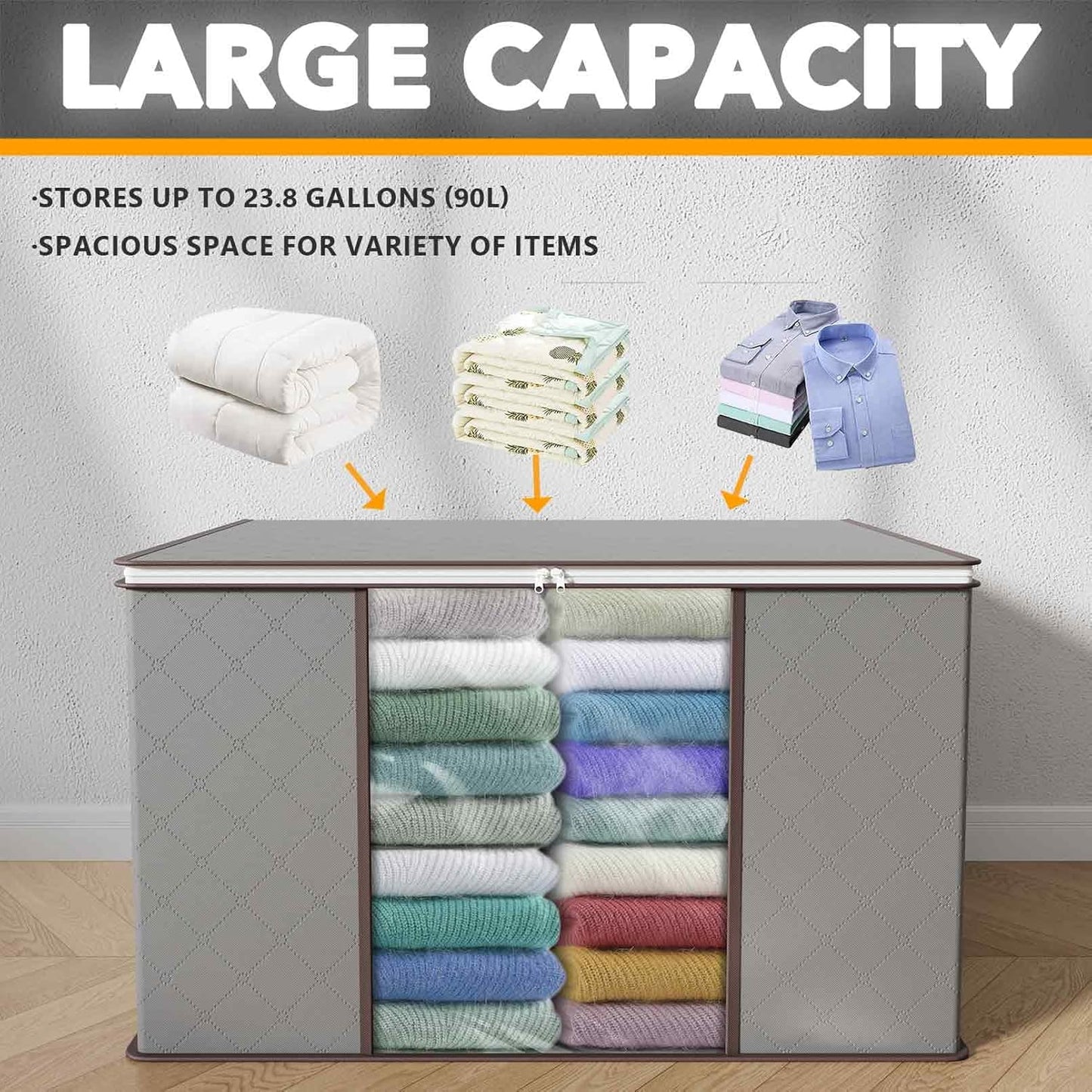 SpaceAid 6 Pack 90L Clothing Storage Bags, Heavy Duty Closet Storage Bins, Extra Large Moving bags, Storage Containers for Clothes, Blankets, Comforters, and Pillows - Gray