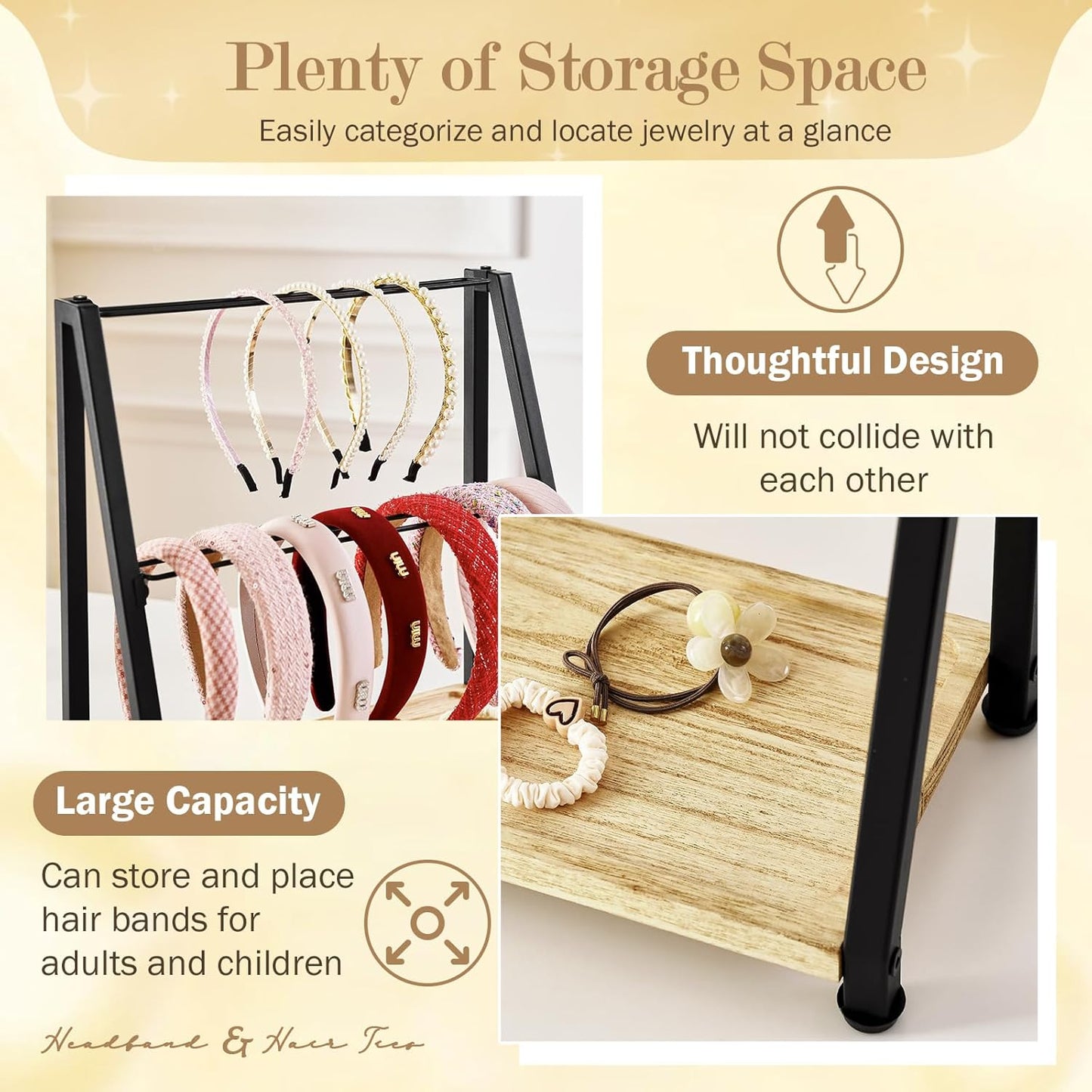 Headband Holder Organizer Metal 2-Tier Display Stand for Selling, Home Bedroom Headband Storage for Girls Women, Headband Stand Wood Base Can Store Hair Ties, Black