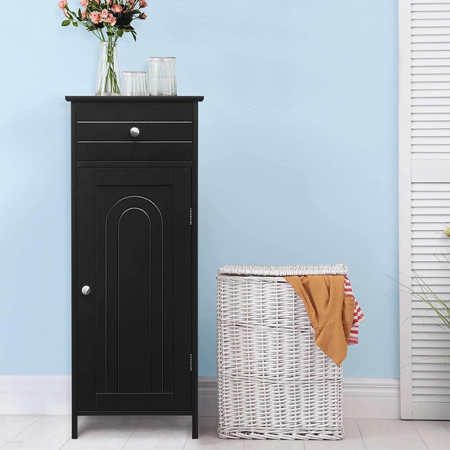 HAPPYGRILL Bathroom Floor Cabinet, Single Door Floor Storage Cabinet Organizer with Drawer and 3-Level Adjustable Shelves, Bathroom Cabinets Freestanding with Anti-Tipping Device for Living Room
