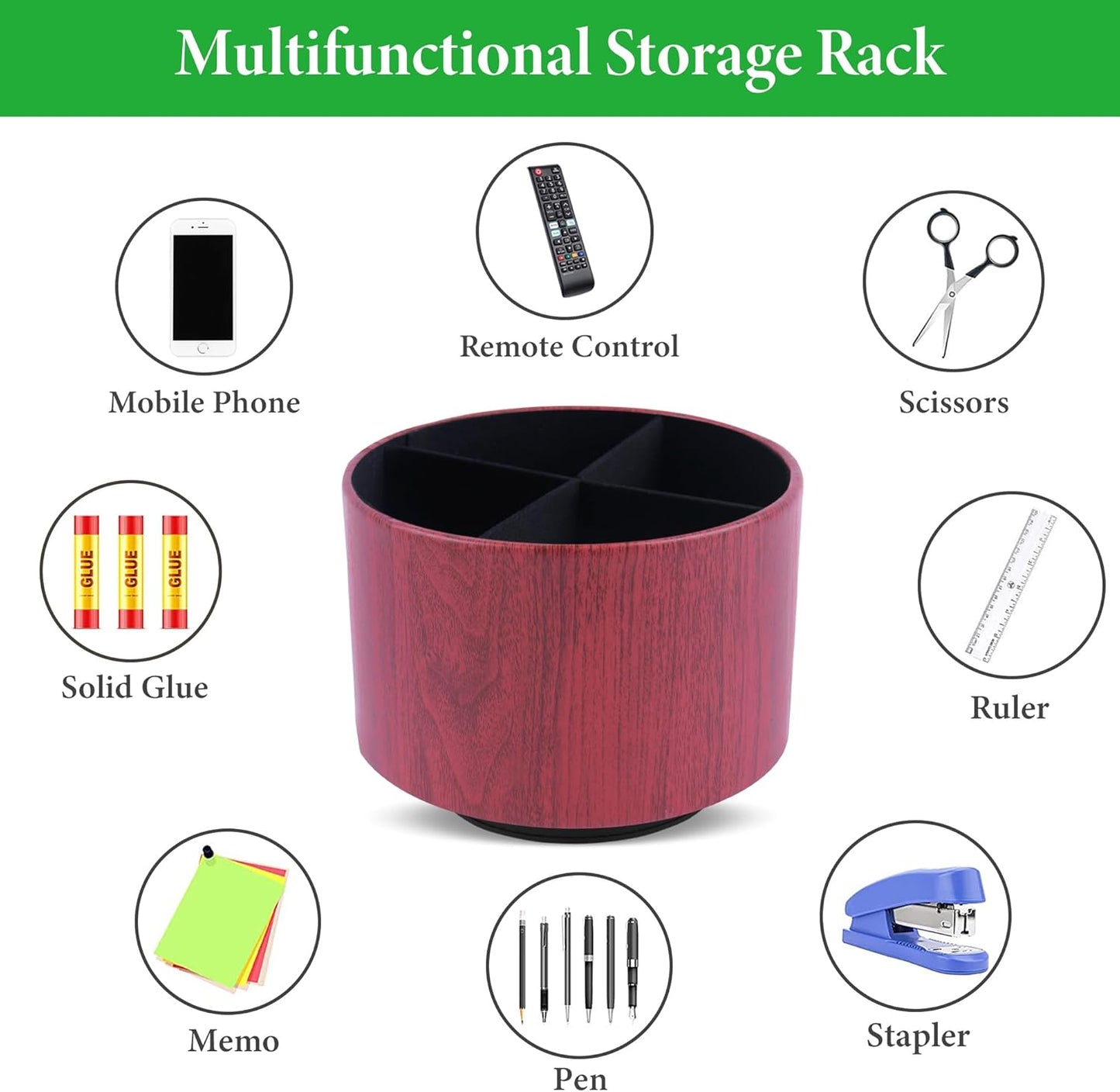 Round Leather Art Supply Organizer,Remote Control Holder,360 Degree Spinning,Multi-Functional Pencil Holder,4 Compartments Desktop Stationary Organizer(1-Thin Wood Red Brown)