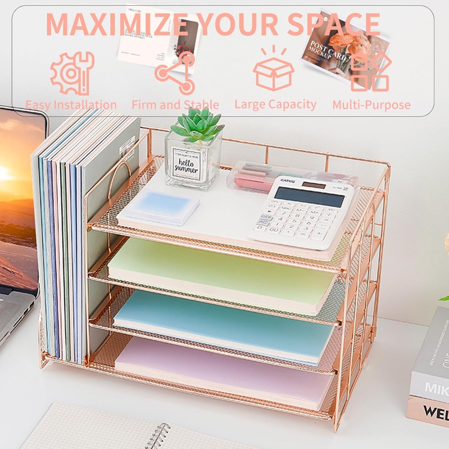 OPNICE 4-Tier Paper Organizer with Magazine Holder, Desk Organizers and Accessories, Office Desk Accessories & Workspace Organizers, Desktop File Organizer for Office Supplies Storage, Rose Gold