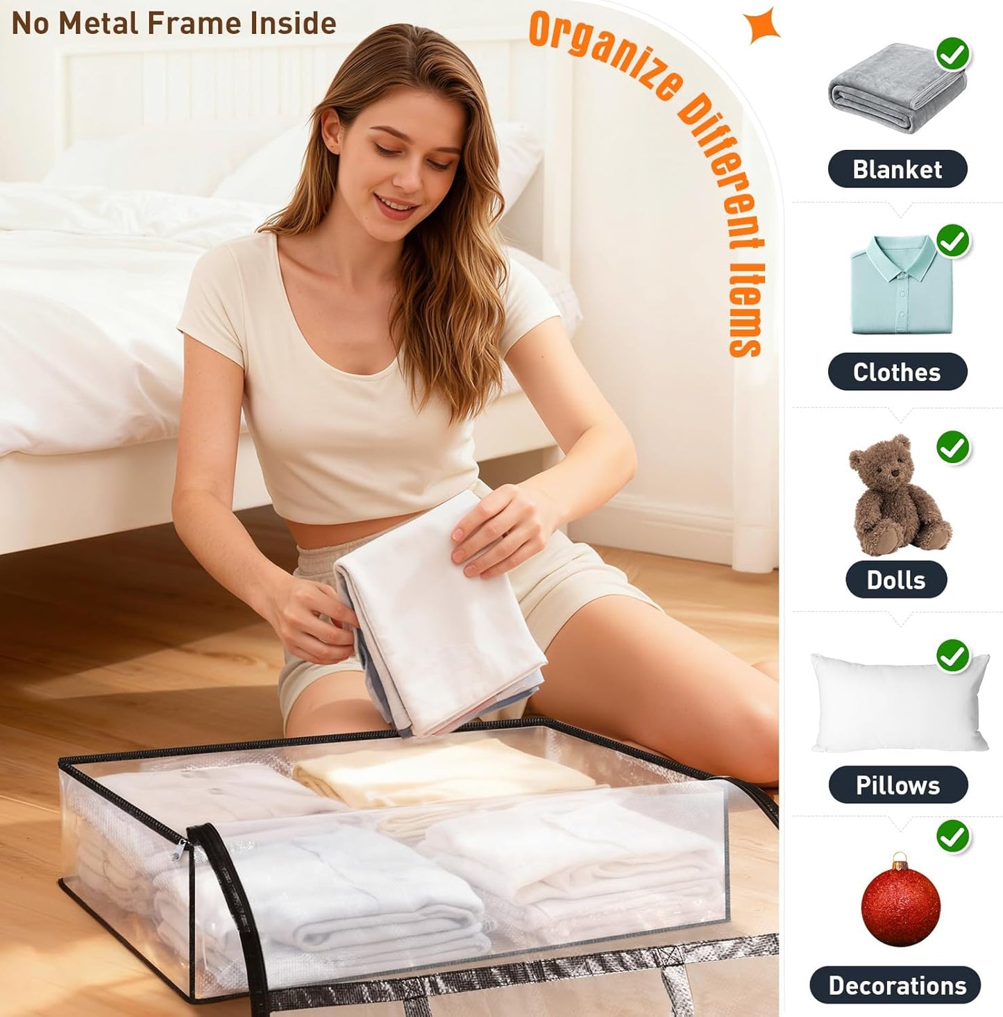 Clear Under Bed Storage Containers - 8 Pack Large Capacity Clothes Storage Bags with Lid & Sturdy Handles, Foldable Moving Bags, Clothing Organizer Totes for Bedding, Comforter, Sheet（90 L）