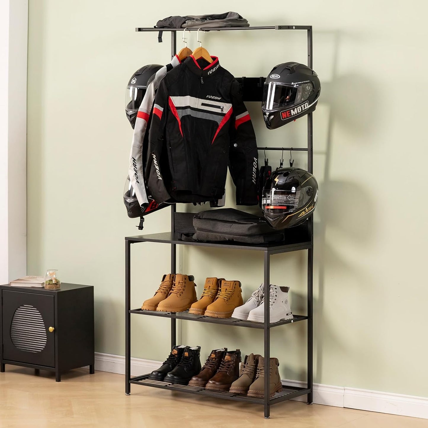 Motorcycle & Sports Helmet Rack & Gear Organizer – Fits 7 Helmets, Jackets, Boots & Gloves – Heavy-Duty Steel + Wood Storage Shelf for Home or Garage