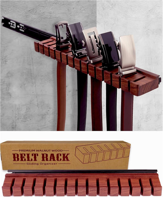 14 Belts Walnut Wood Belt Holder with Slide, Left or Right Slide Flexible Install Belt-Rack, Belt Hanger for Closet, Space Saving Belts Storage Organizer, Gift for Men
