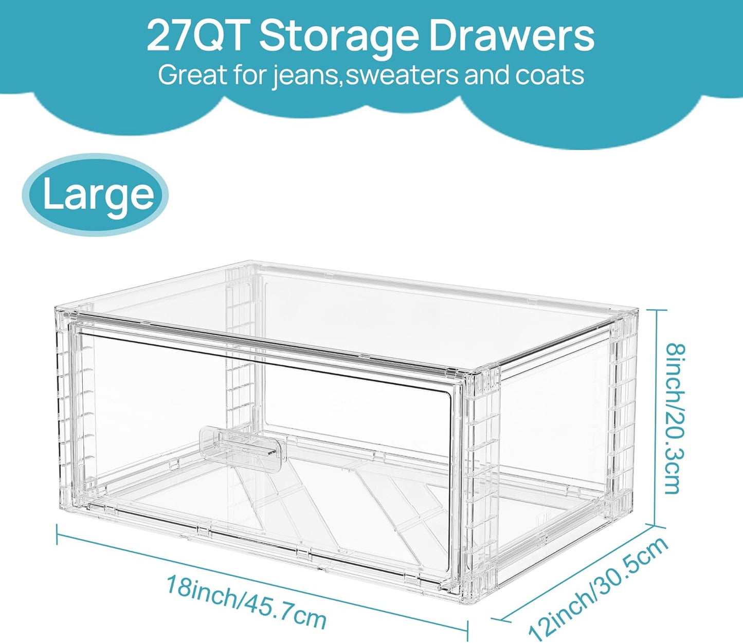 Vtopmart 4 Pack Large Clear Stackable Storage Drawers 27QT, Easily Assemble Plastic Closet Storage Bins, Dust-Proof UnderBed Organizer for Clothing, Sweater Organization