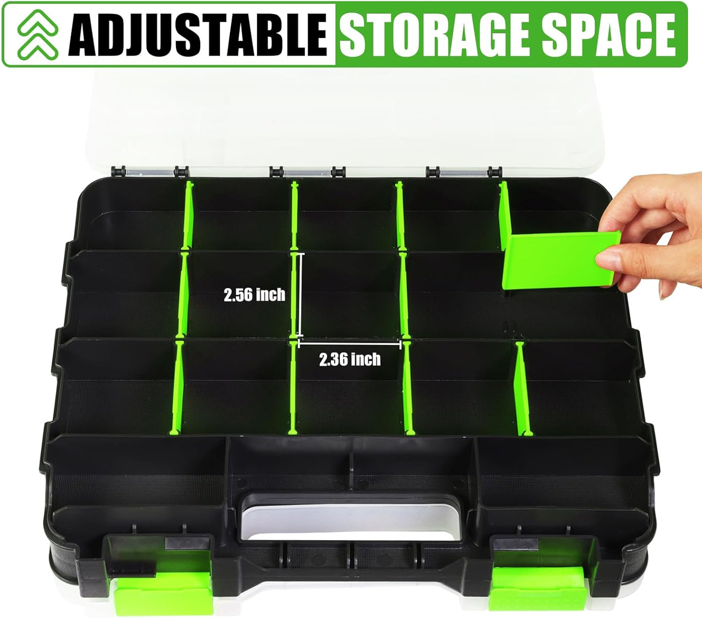Generic Tool Box with Transparent Lid, Double Side 34-Compartments Organizer Box with Removable Dividers for Hardware, Screws, Bolts, Nails, Beads, Jewelry and Fishing Accessories, Green, 2 Packs
