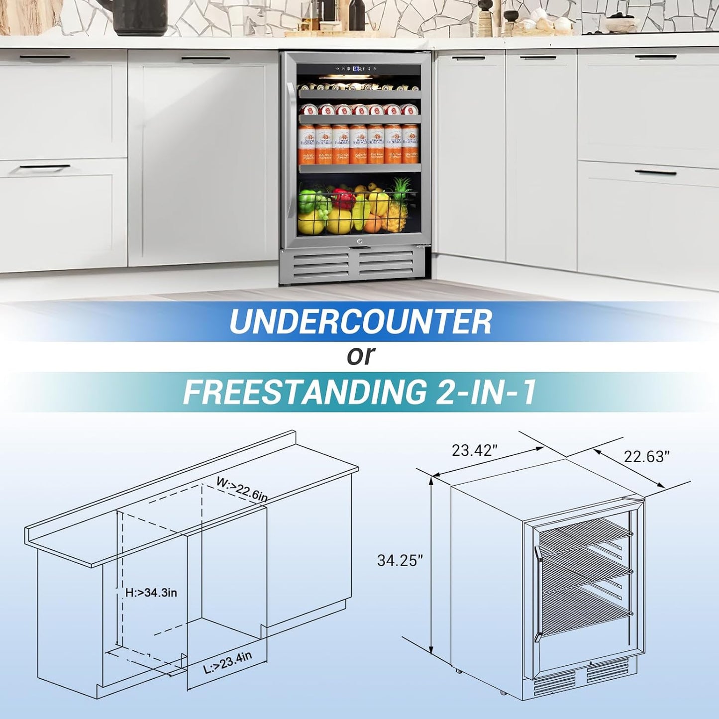 24" Beverage Refrigerator Undercounter | 180 Can Capacity | Built-In Undercounter Cooler | Glass Door for Soda, Water, Beer | Home, Bar, or Office Use