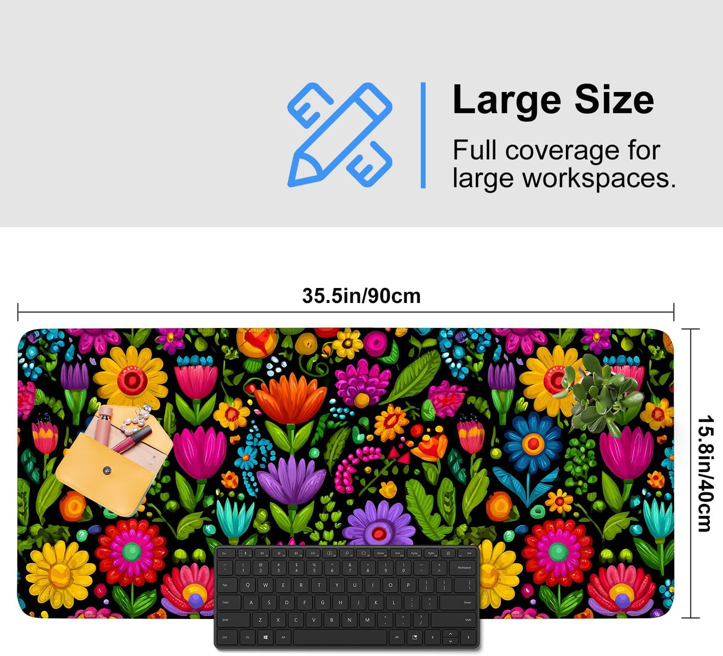 Folk Art Floral Mouse Pad – Large Extended Desk Mat 35.43 x 15.75 in – Colorful Boho Flowers on Black Background, Waterproof Surface, Non-Slip Rubber Base, Oversized Mouse & Keyboard Pad
