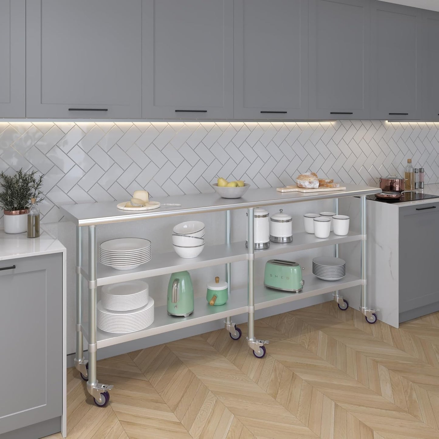 AmGood Stainless Steel Work Table with 2 Shelves and Casters | Metal Utility Table On Wheels (Stainless Steel Work Table with 2 Shelves + Casters, 84" Long x 18" Deep)