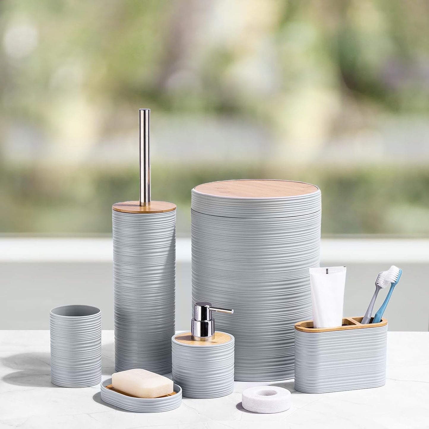 CERBIOR Bathroom Accessories Set 6 Piece Bamboo Bath Ensemble Includes Soap Dispenser, Toothbrush Holder, Toothbrush Cup, Soap Dish for Decorative Countertop and Housewarming Gift, Sriral Grey