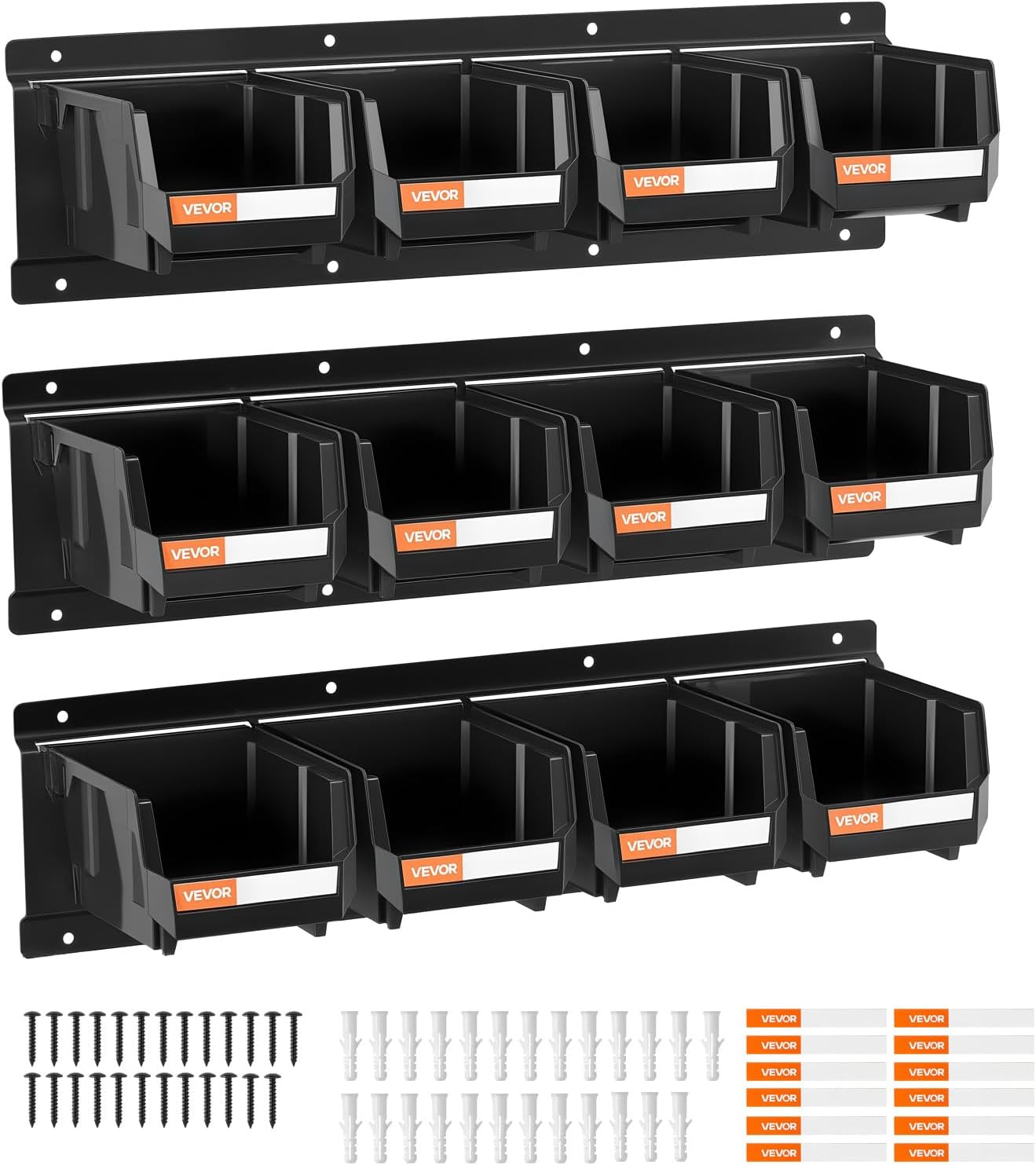 VEVOR Wall Mounted Storage Bins, 12 Plastic Bins & 3 Metal Rails, Plastic Hanging Stackable Storage Bin for Screws, Nuts, Bolts, Nails, Hardware Tool Organizer for Workshop, Craft Room, Garage, Black