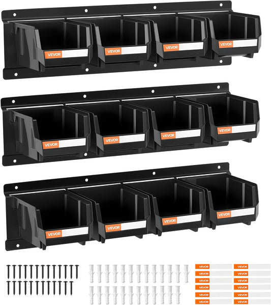 VEVOR Wall Mounted Storage Bins, 12 Plastic Bins & 3 Metal Rails, Plastic Hanging Stackable Storage Bin for Screws, Nuts, Bolts, Nails, Hardware Tool Organizer for Workshop, Craft Room, Garage, Black