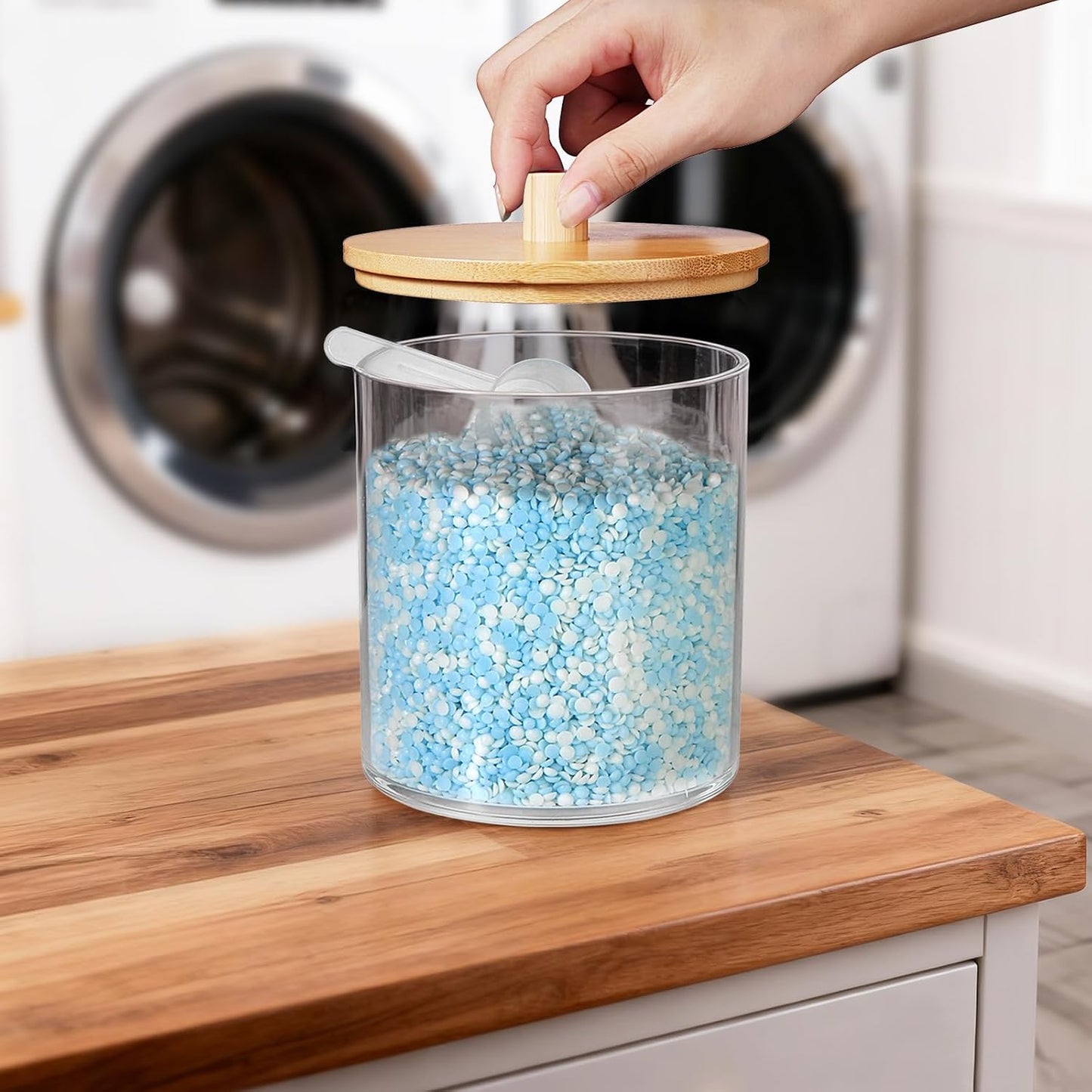 SheeChung 1 Pack 50 Oz Large Apothecary Jar with Bamboo Lid, Laundry Pods Container, Storage Jars for Bathroom Organization, Plastic Canisters with Cute Stickers Spoons(Natural)