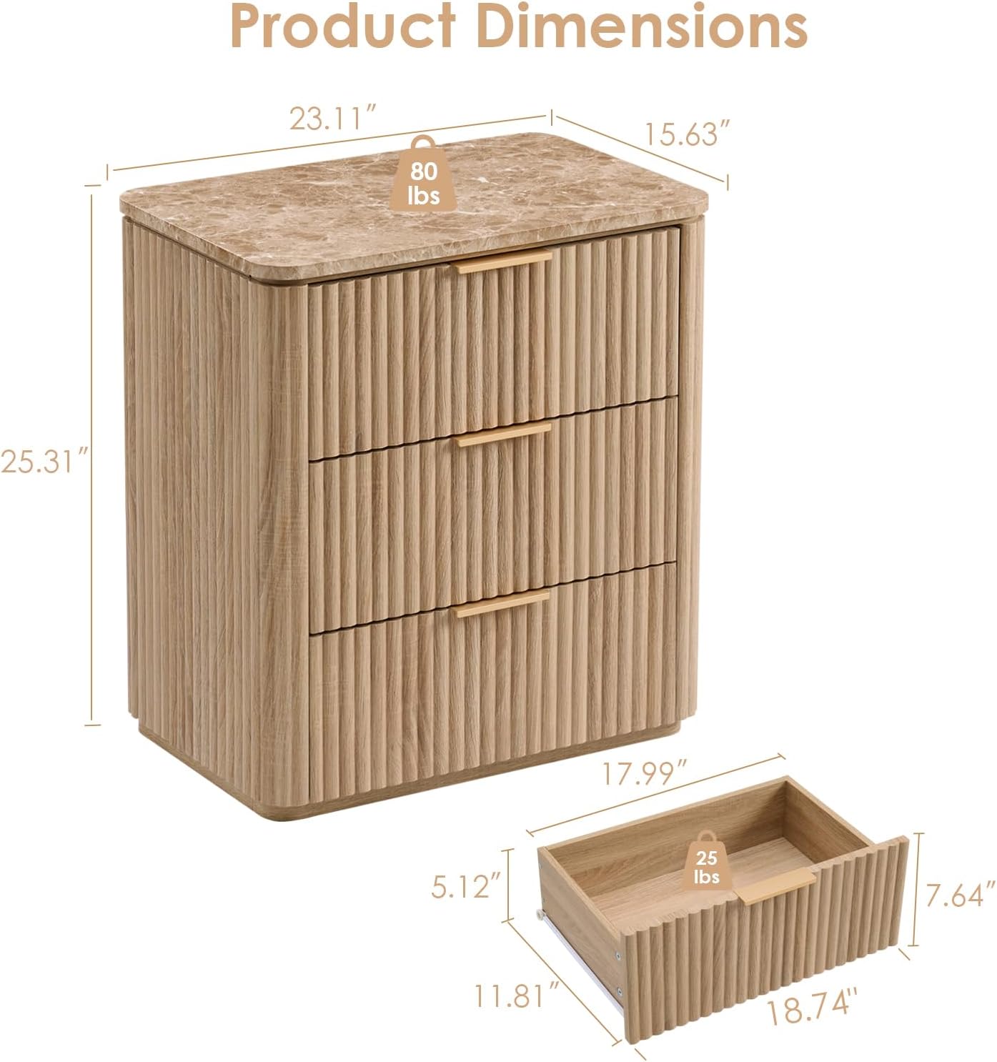 Fluted Nightstand with 3 Drawers, Engineered Wood Bedside Table with Faux Marble-Top, Modern End Table with Curved Corners, Metal Handle, Large Night Stand for Bedroom, Office, Closet, Natural Oak