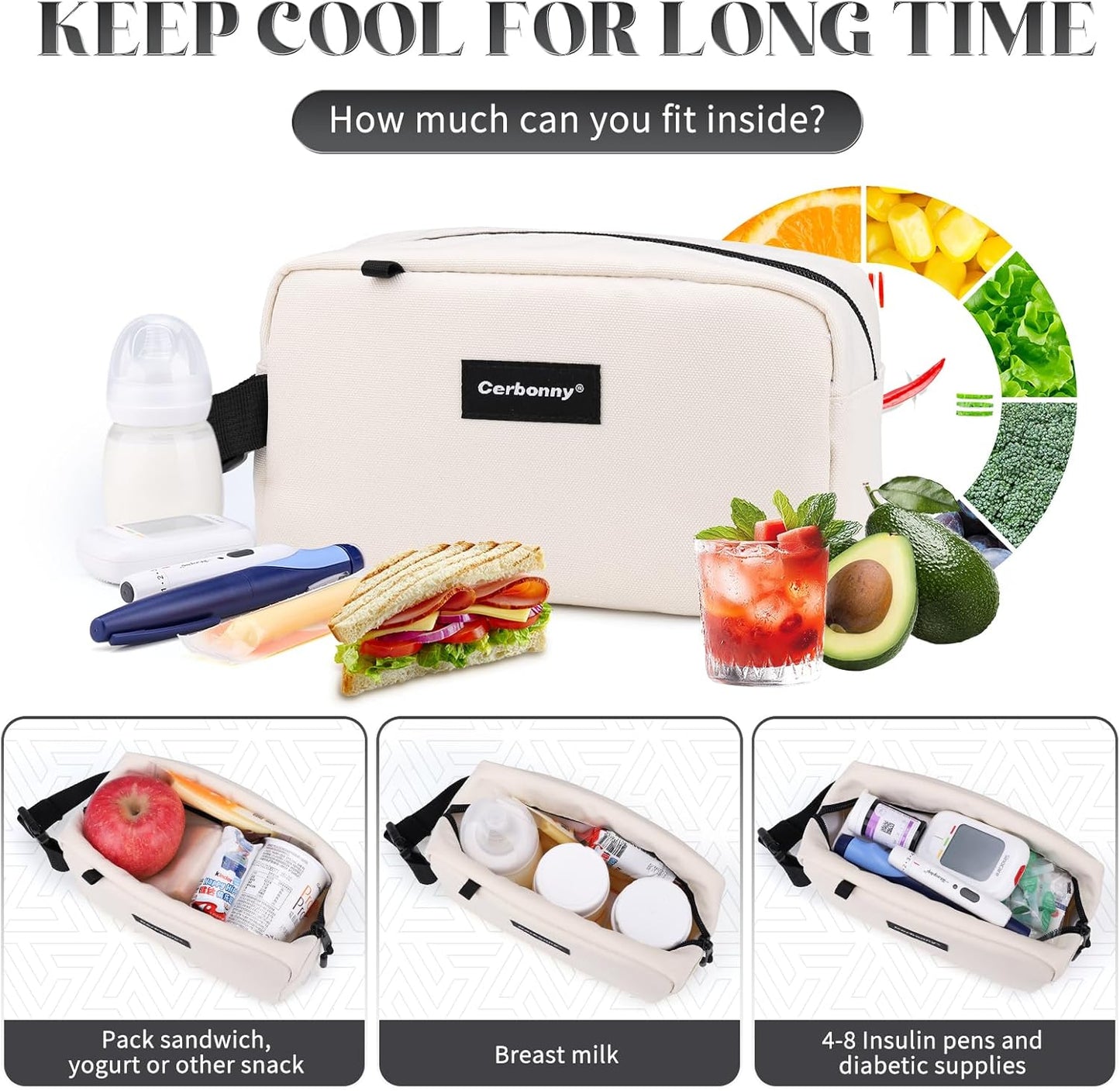 Cerbonny Mini Cooler Bag, Freezable Lunch Bag & Snack Bag, Insulated Bag for Travel/Work/School, Small Cooler Lunch Box with Detachable Gel Packs, Beige, 180 Cubic Inches