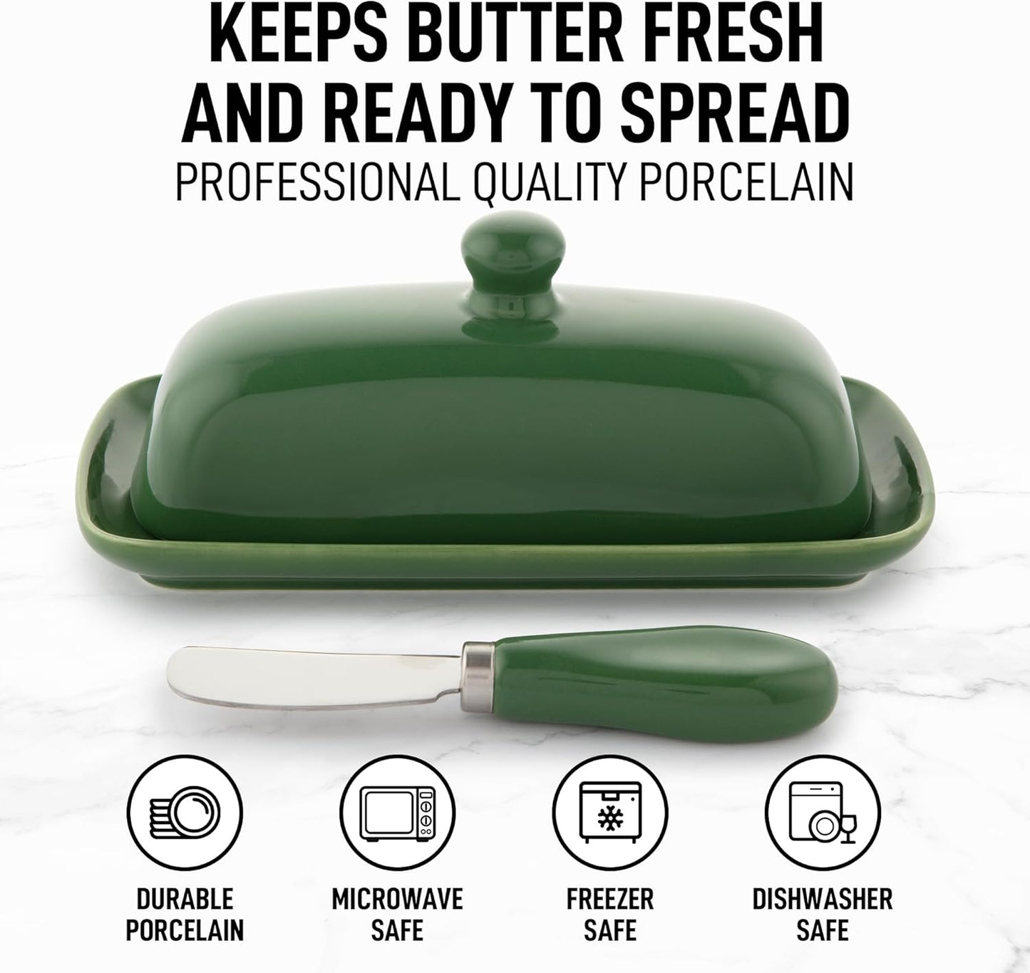 Zulay Butter Dish With Lid For Countertop - Porcelain White, Ceramic Butter Dish with Knob Handle Great for Cooking - Elegant Design Butter Holder - Durable & Sturdy Butter Keeper - Jade