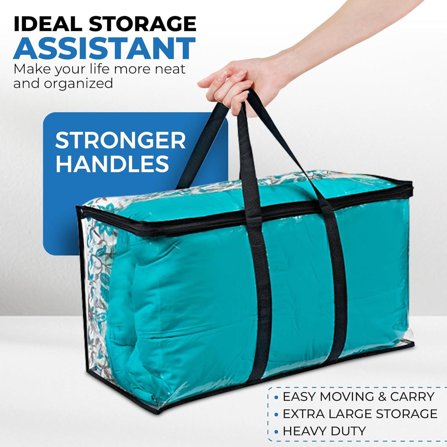 4 Pack Clear Large Moving Bags, Heavy Duty Storage Bags, College Totes, Storage Bins, for Organizing Blankets, Clothing for College, Dorm, Packing, Durable with Zipper and Handle 25x14x12