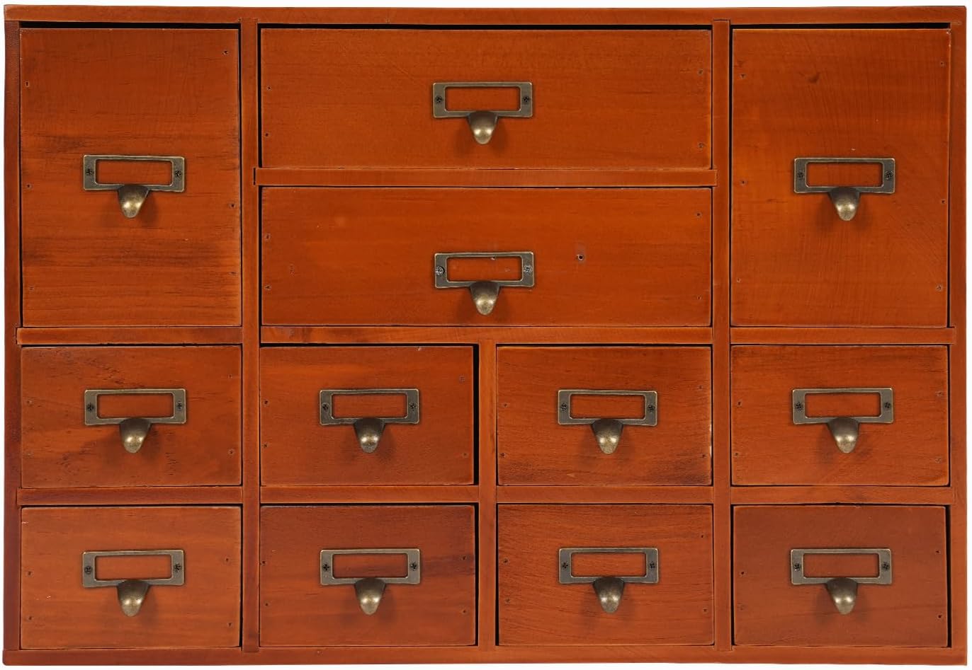 12-Drawer Wooden Storage Cabinet Organizer, Apothecary Cabinet Vintage Library Card Catalog Cabinets for Countertop Apothecary Tea Coffee Pod Storage (Brown)