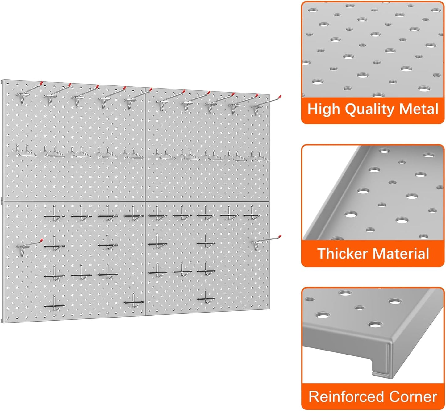TORACK 4Pcs 12"x16" Metal Pegboard Panels for Garage, Workbench, Shop, Shed Tool Organizer Peg Board with 1/8" & 1/4" Holes, Modular Wall-Mounted Pegboard for Pegboard Hooks (Grey)
