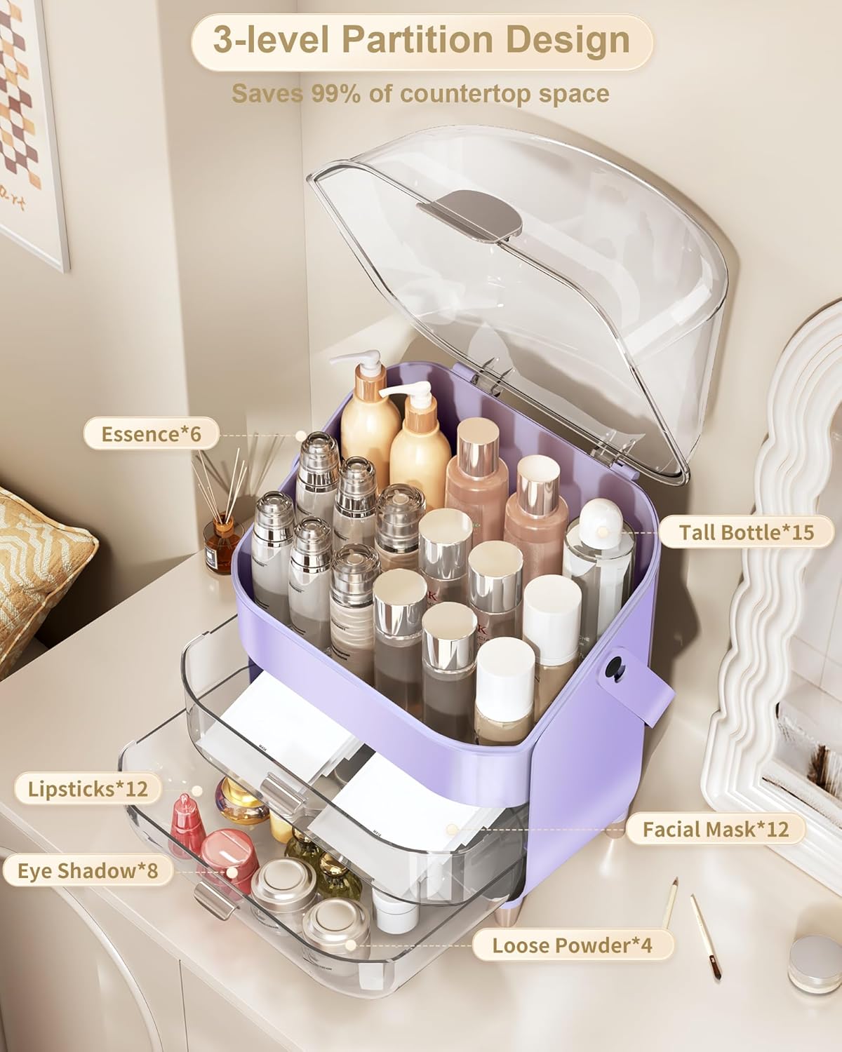 Makeup Organizer Countertop, Skincare Holder Bathroom Counter Organizer, Storage Box Cosmetic Display Cases, Teen Girl Gifts Make up Organizers for Vanity, Dresser (Purple)