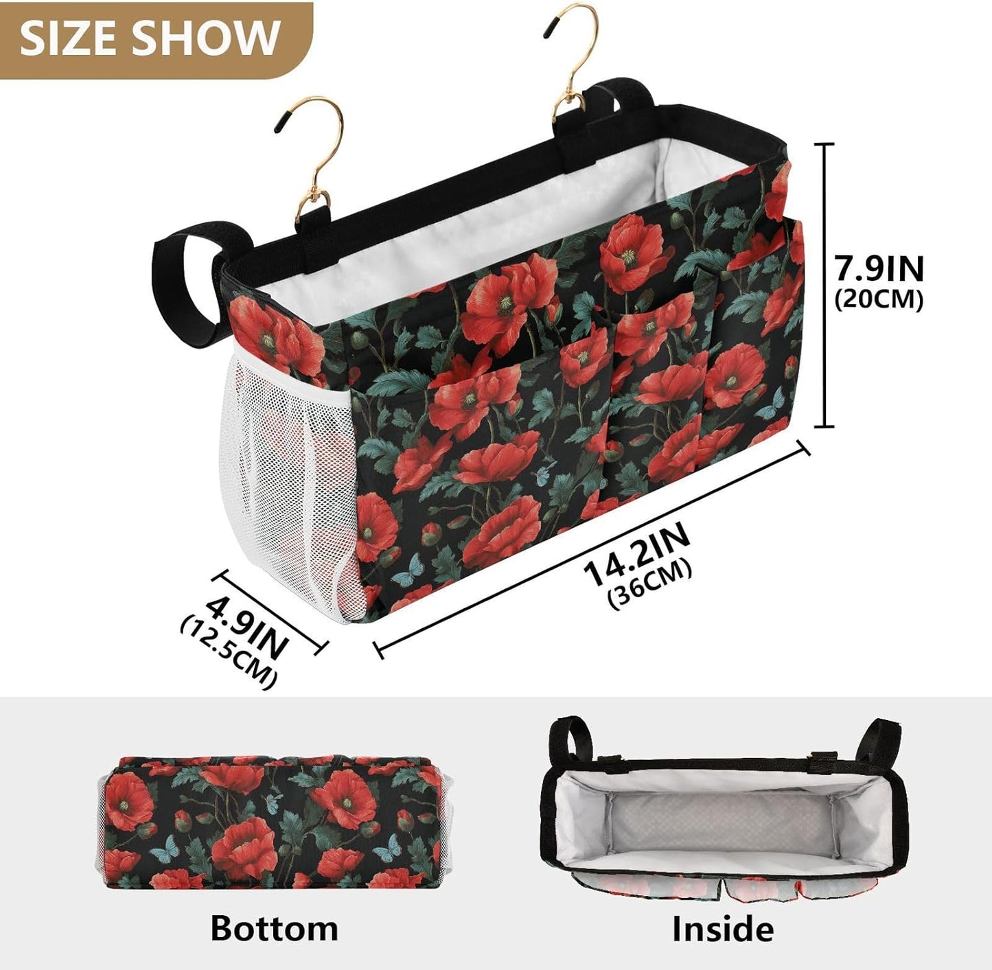 Poppy Butterfly Leaf Bedside Caddy for Dorm Bed Bedside Hanging Caddy Bag Iron Frame Storage Organizer Pocket for Bunk Home College Hospital Beds 2 Hooks