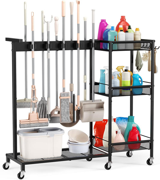 Broom Holder with Cleaning Supplies Organizer, Cleaning Utility Cart on Wheels, 10 Clips & 7 Hooks, 3-Tier Shelves, Broom Closet Storage Cabinet with Cleaning Caddy for Home Commercial Use