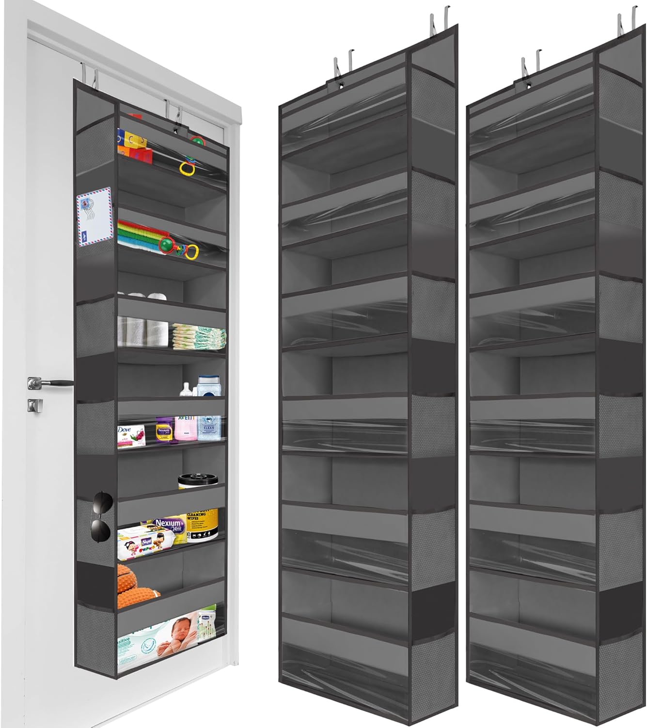 HOMELUX THEORY Over The Door Organizer Hanging - 50lbs Load 6 Large Front & 12 Side Pockets, 2 Pack Over The Door Shoe Organizer, Hanging Closet Organizer For Toys, Diaper, Purse, Sewing (Dark Gray)