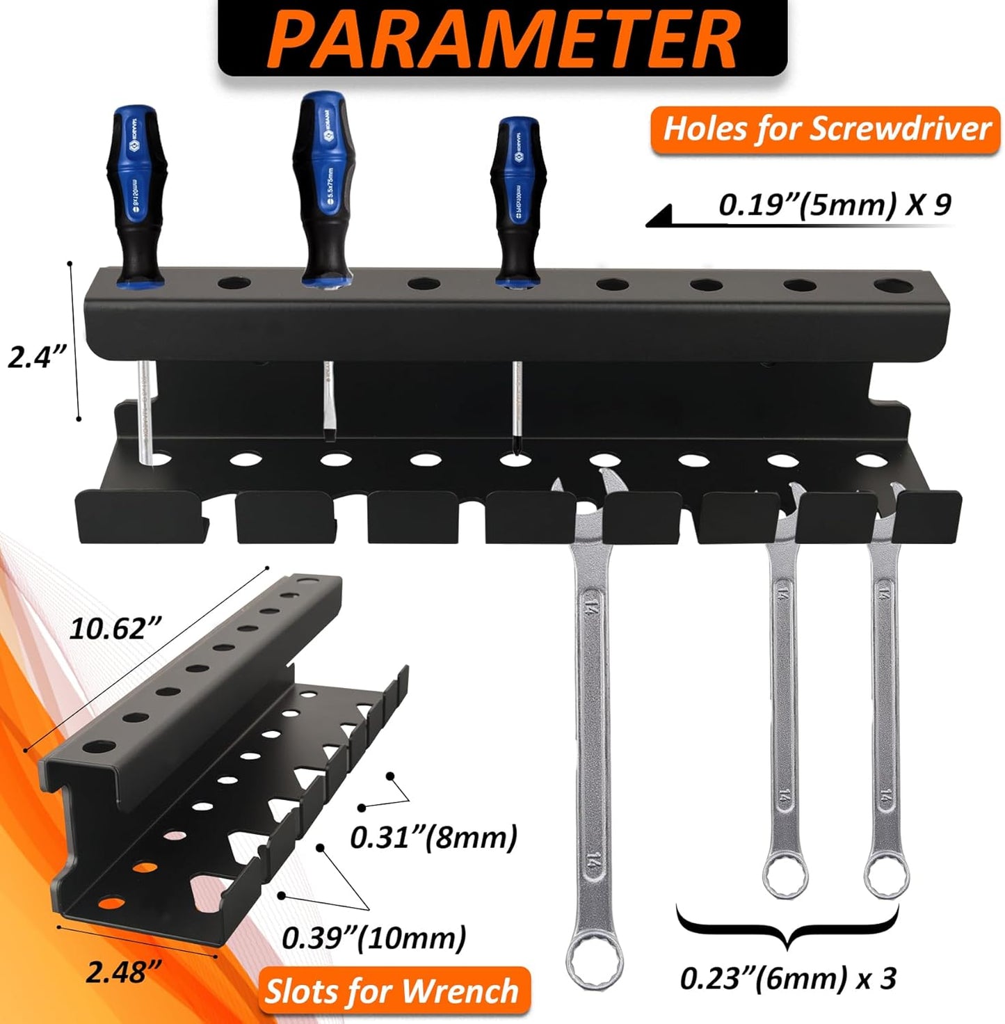 MUTUACTOR Magnetic Wrench Holder Heavy Duty,Anti-scratch Magnetic Mount Screwdriver Rack, 2 Layers Wrench Screwdriver Holder for Work Bench Toolbox Tool Cart,1PCS,Black,9 Holes and 7 Slots