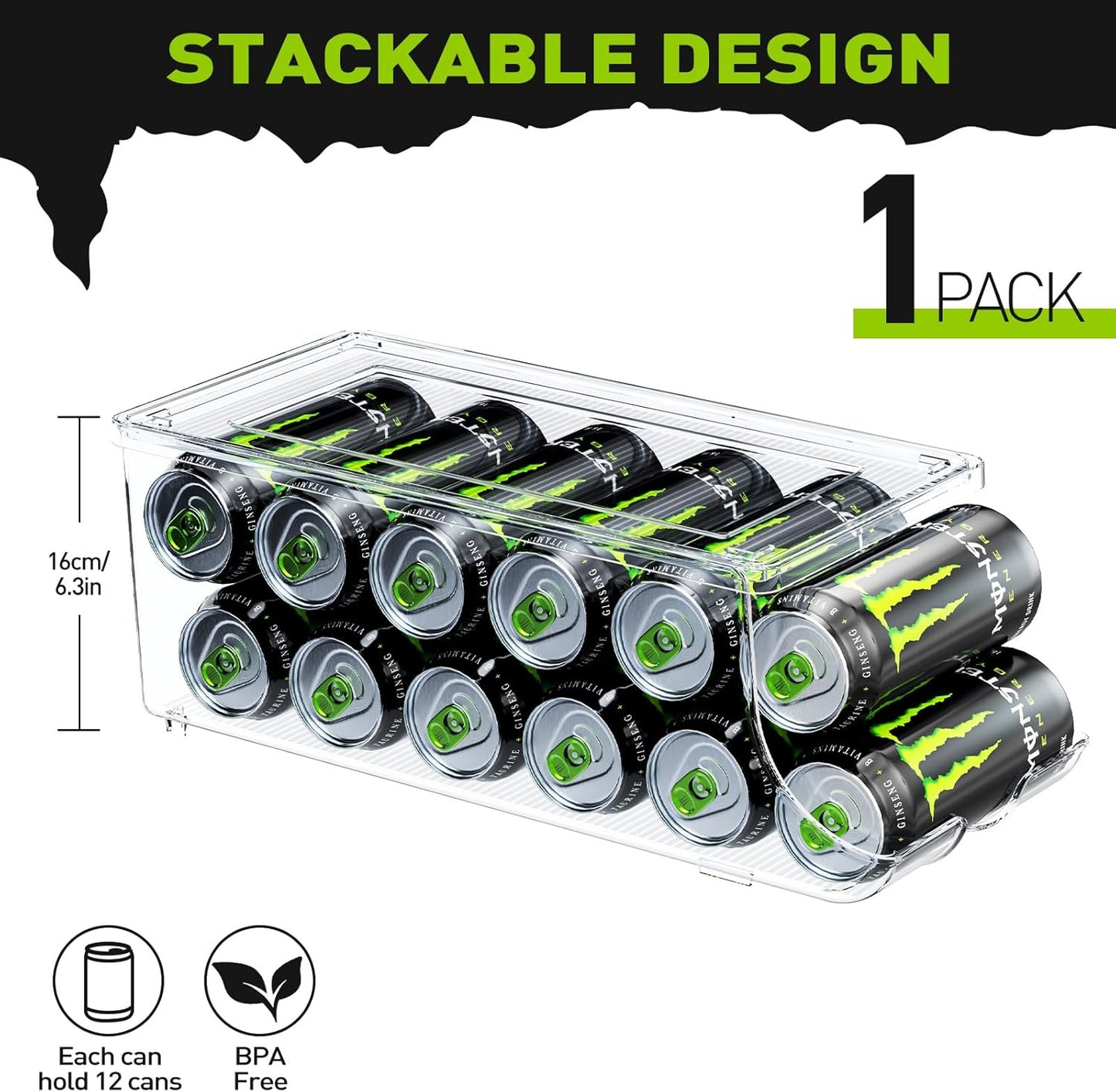Soda Can Organizer for Refrigerator for Tall Cans of 16oz & 17oz, Stackable Beverage Cans Container Holder Dispenser with Lid for Fridge Pantry Rack Freezer (One Pack)