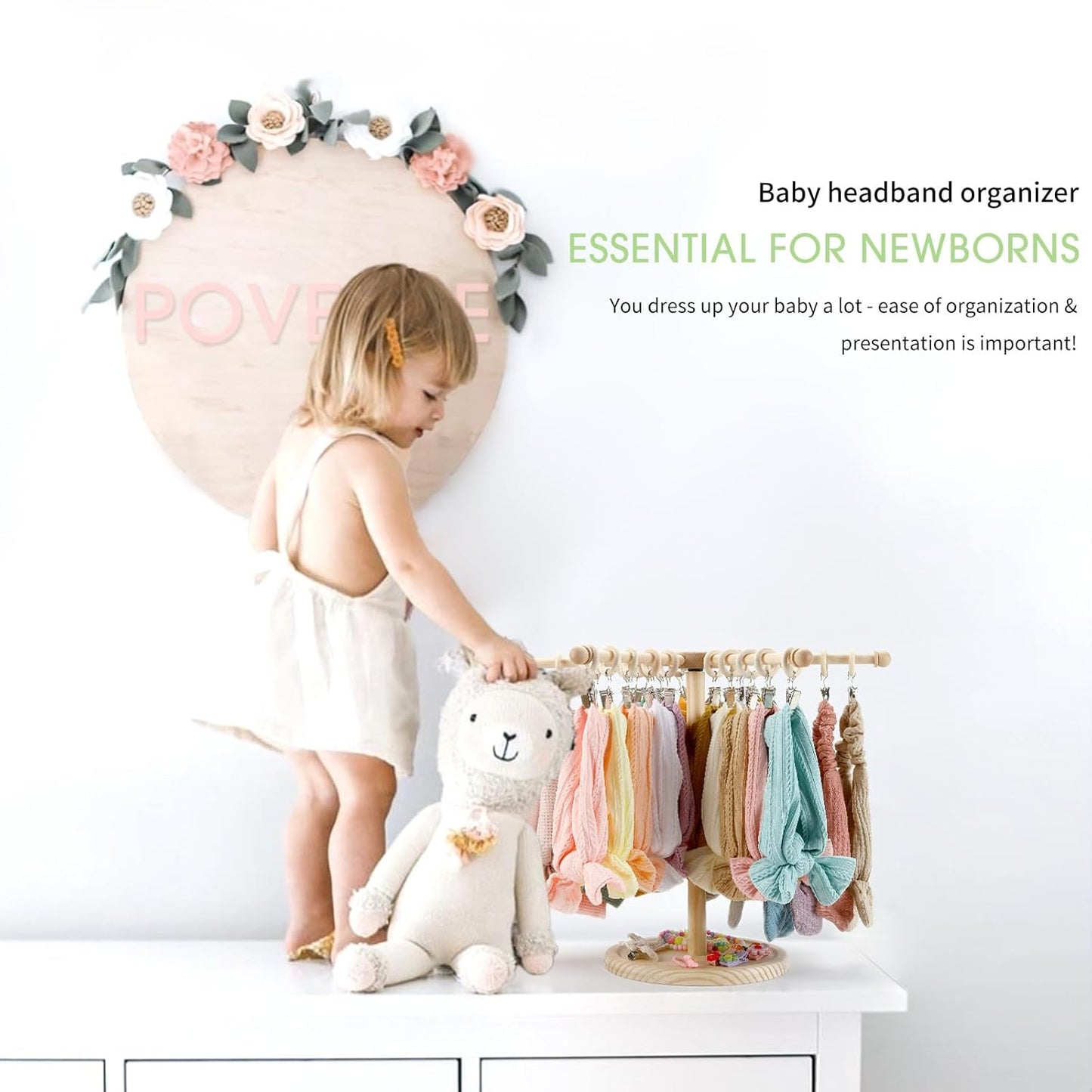 POVETIRE Headband Holder Bow Organizer for Girls,360 Rotating Hair accessories Organizer Storage Baby Headband Display Stand Hair Bow Rack for Toddler Nursery Decor