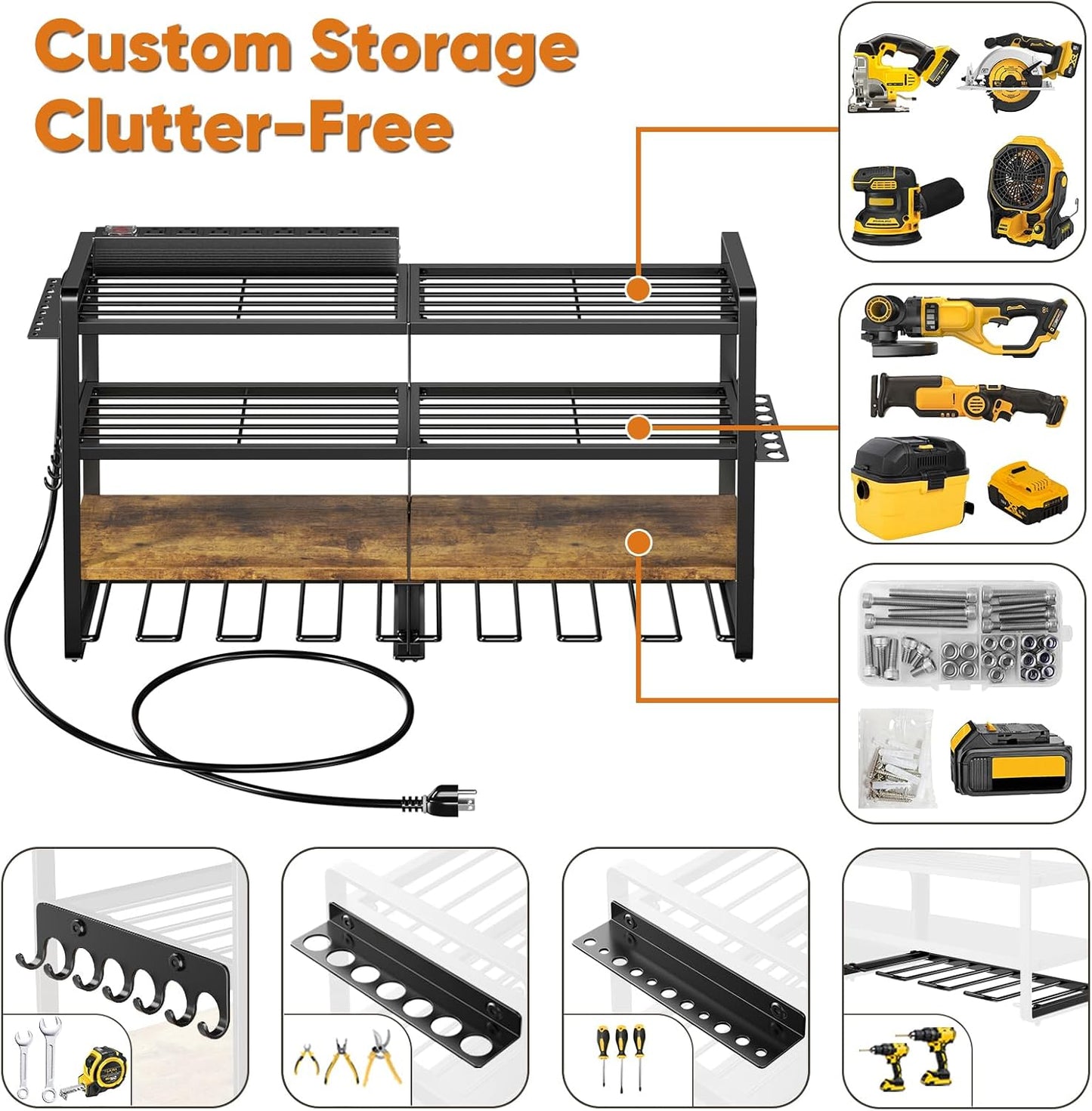 Large Power Tool Organizer with 8 Outlet Charging Station, Loads 600lbs, 4 Layer Heavy Duty Utility Rack Holds 8 Cordless Drills, Wall Mount Tool Battery Garage Storage Shelf, Gift for Men