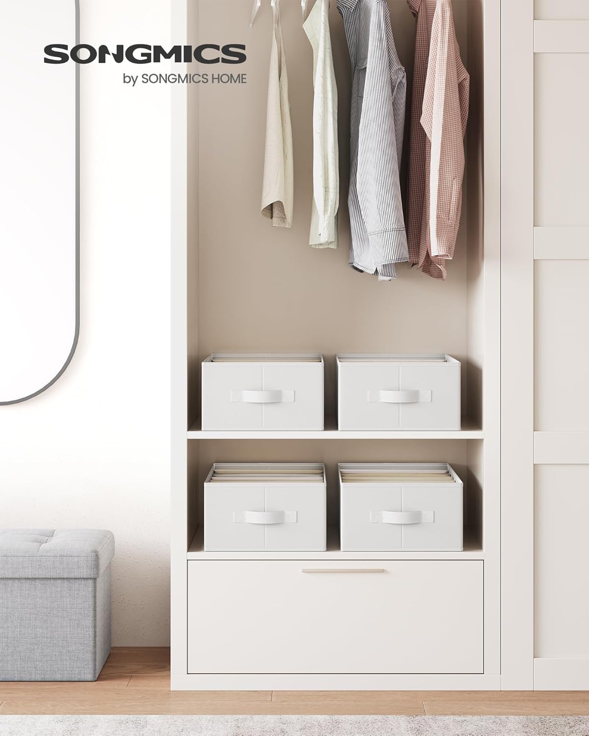SONGMICS Set of 4 Large Size Wardrobe Clothes Organizers, 6-Compartment Foldable Drawer Organizers with Handles, 16.5 x 11.8 x 6.7 Inches, for Pants, Sweaters, Jeans, Cloud White URUS009W04