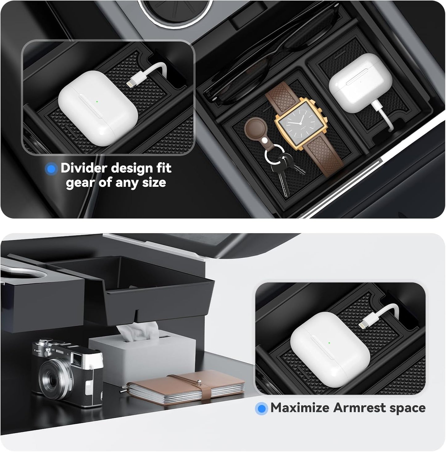 2025 Upgrade 5PCS Center Console Organizer Tray for Tesla New Model Y (2026 Juniper)/3 Highland Accessories 2025, Hidden Storage Box, Cup Holder & Armrest Drawer Organizer, Shockproof, No-Noise