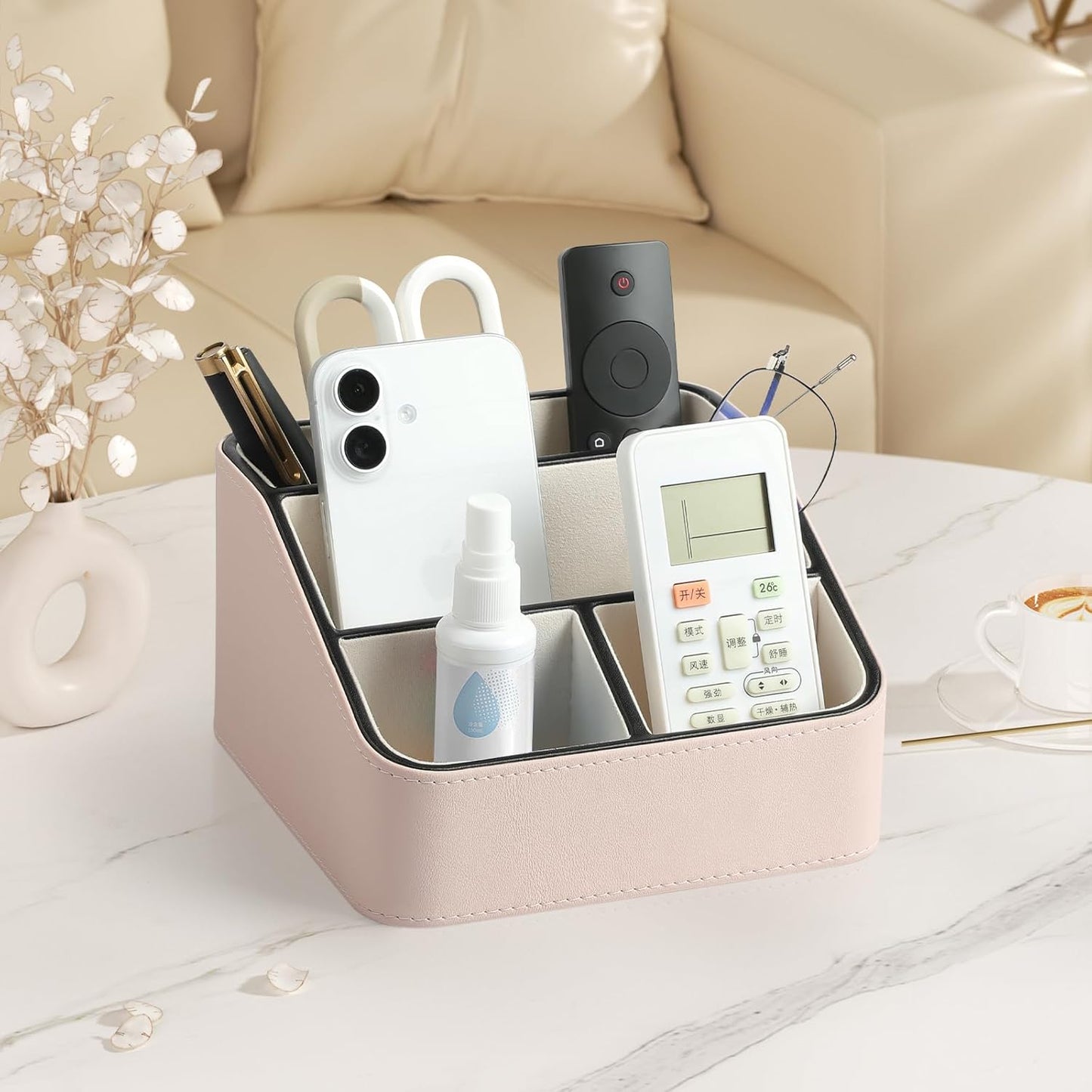 Remote Control Holder, PU Leather Small Desk Organizer with 4 Compartments, Nightstand Organizer Desk Caddy for Remote, Notepad, Phone, Glasses, and Accessories (Pink)