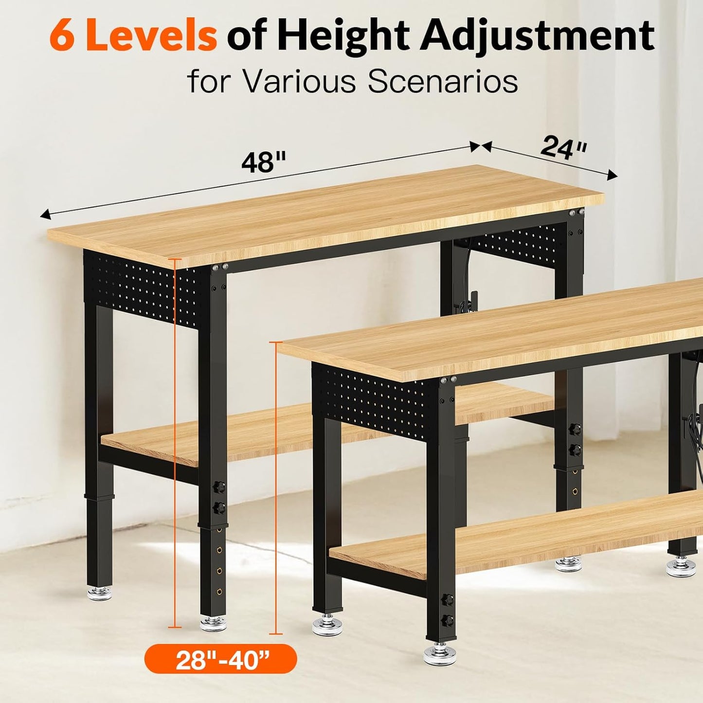 Adjustable Height Work Bench 48×24 Workbench for Garage with Under Table Shelf Heavy Duty Rubber Wood Work Table for Shop Woodworking, Office, Home, Commercial