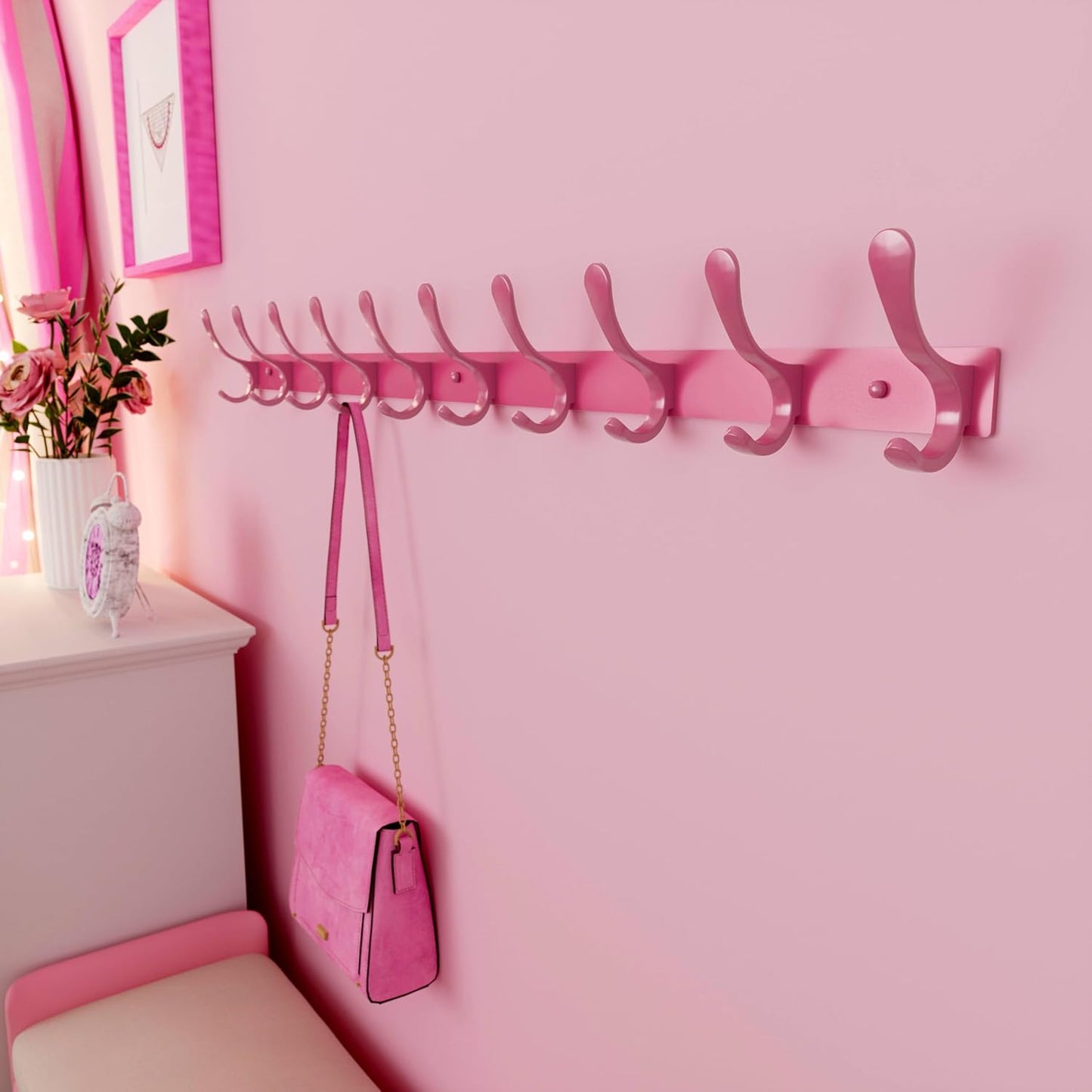 SKOLOO Coat Rack Wall Mounted - 10 Hooks, Heavy Duty, Stainless Steel, Metal Wall Hanger, Sturdy Coat Hooks for Hanging Coats, Jackets, Clothes, Hats - Pink