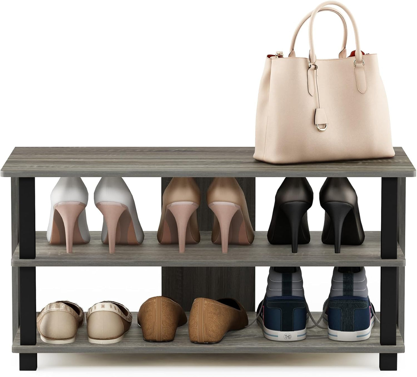 Furinno Turn-N-Tube Shoe Rack, 3-Tier Shoe Organizer, Shoe Storage with Compact Open Shelves, 15.5 x 31.5 x 15.7, for Closet Entryway, Office, Garage, French Oak/Black