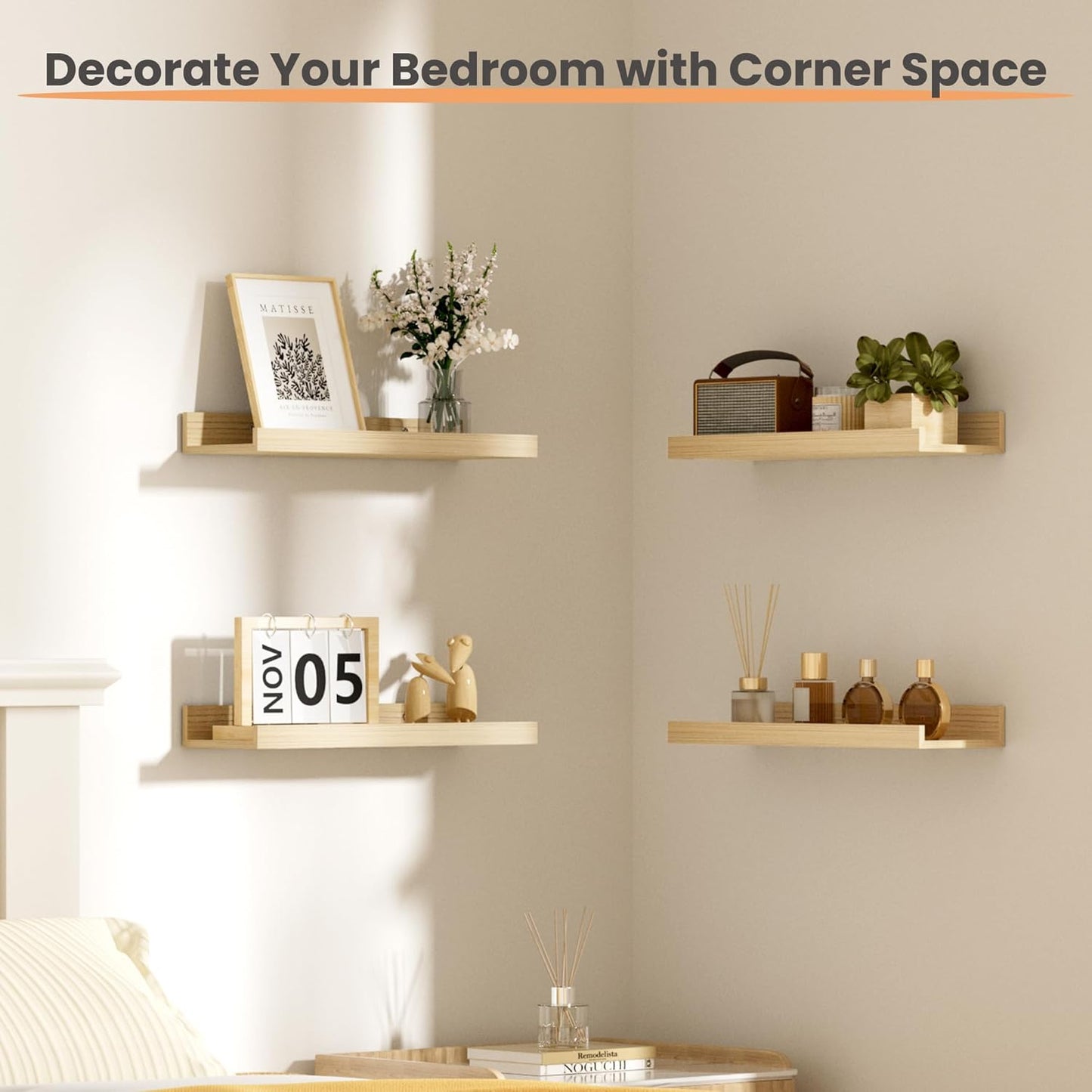 upsimples Floating Shelves for Wall, Wall Shelves for Decor Storage Set of 6, Wall Mounted Wood Shelf for Bedroom, Living Room, Bathroom, Kitchen, Picture Ledge Shelves, Natural
