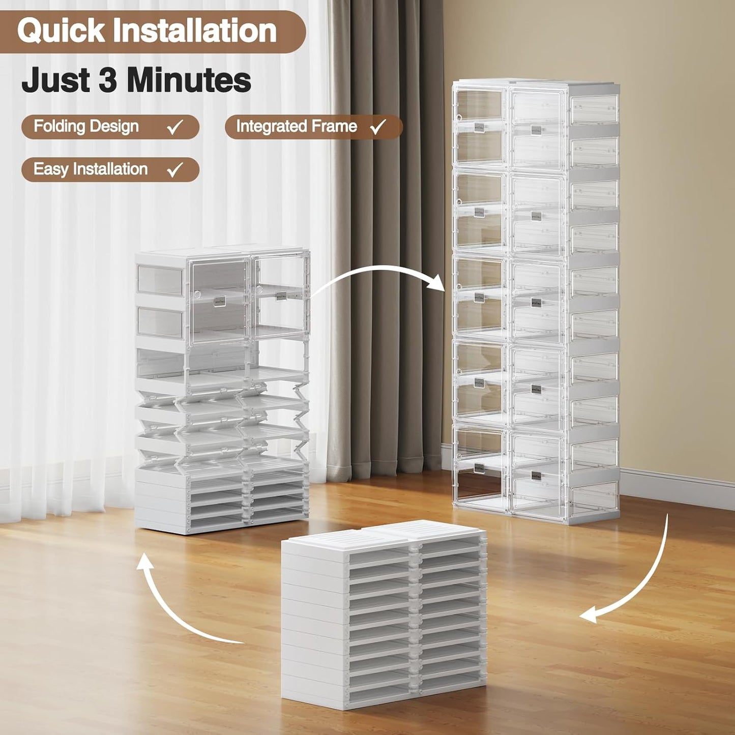 BROVIEW Foldable Shoe Rack, Large Stackable Sneaker Organizer Storage Box with Magnetic Clear Door, Plastic Folding Shoes Cabinet Bins, Shoe Shelf Space Saving for Closet, Entryway 8 Tier 16 Grids