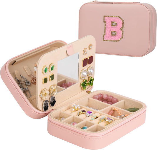 TopPerfekt Travel Jewelry Case, Jewelry Box with Mirror, Jewelry Organizer Bridal Shower Gifts to Her, Earring Storage Travel Case, Trendy Gift for Women and Girls, Girlfriend-Letter B, Pink