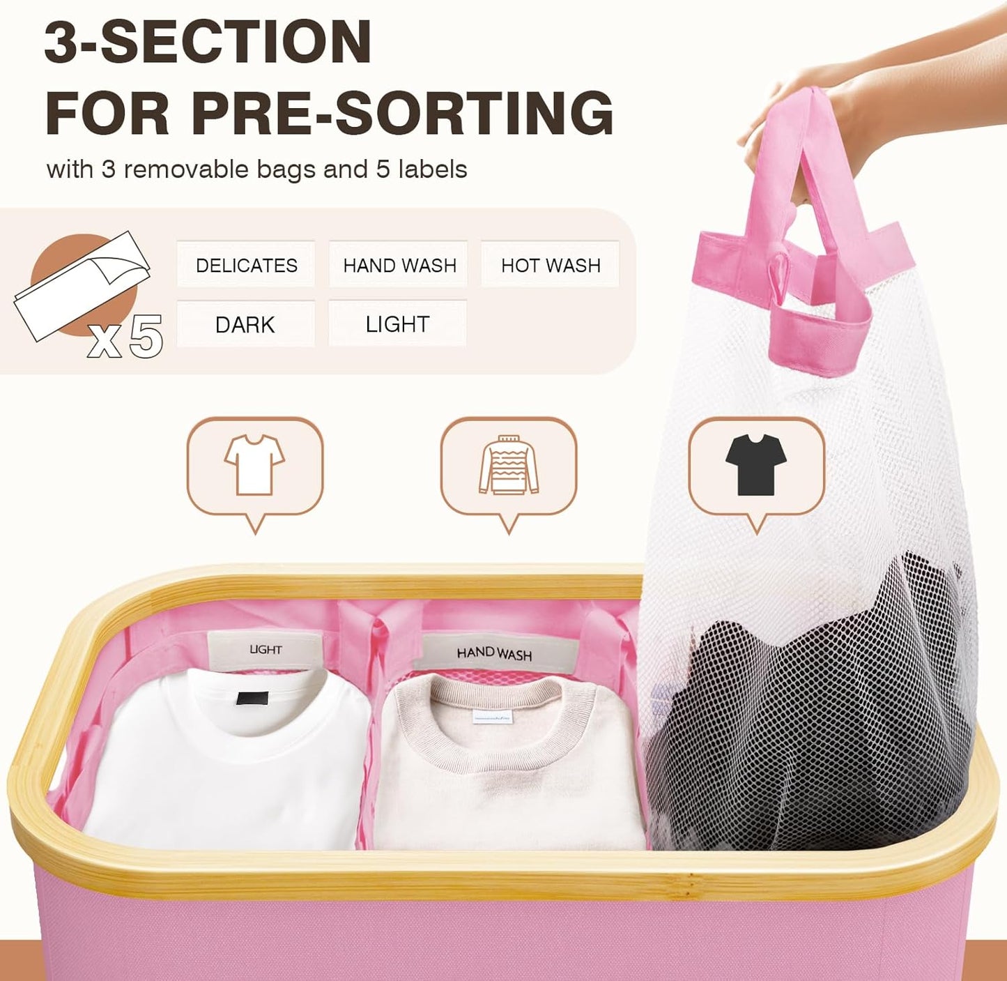 Hampers for Laundry Basket with Lid, 145L Extra Large 3 Section Clothes Divided Organizer for Bedroom, Laundry Room, Dirty Clothing Hamper, Pink