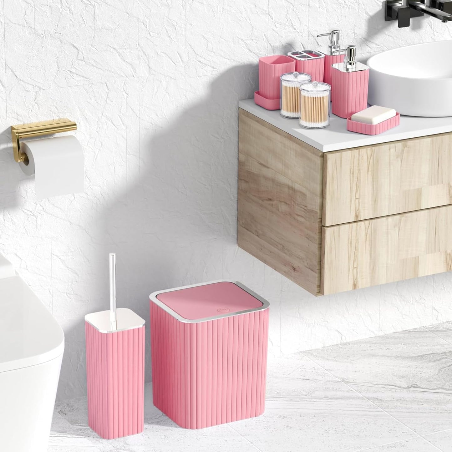 Pink Bathroom Accessories Set - Gorgeous Bathroom Set, 10PC Bathroom Accessory Set, Toilet Brush, Trash Can, Qtip Holder Dispenser & Soap Dispenser