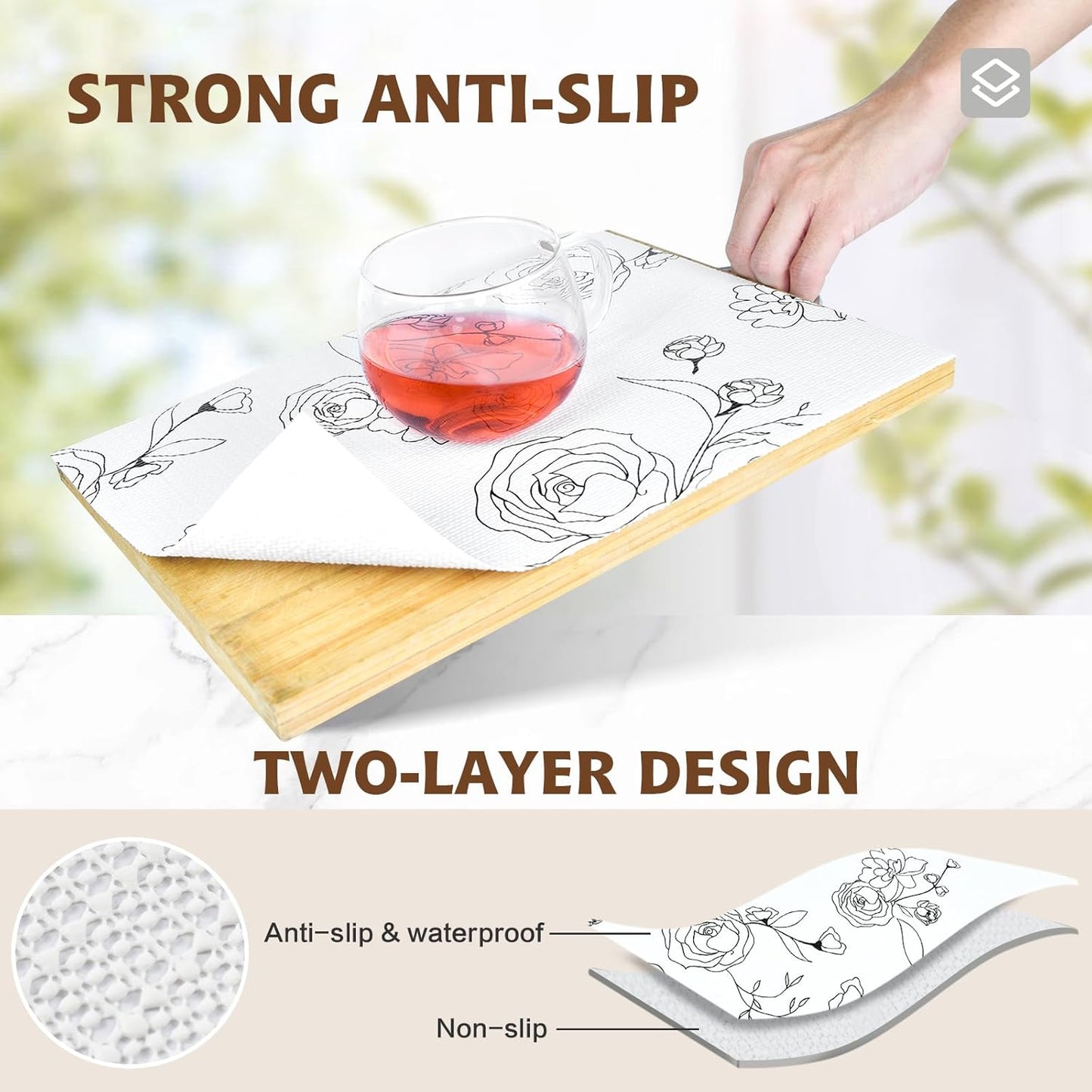 Shelf Liners for Kitchen Cabinets 17in x 20FT Non Adhesive Drawer Liner Black and White Floral Thickened Shelf Liner Paper Strong Non-Slip Easy to Clean for Tool Box with Knife and Tape Measure