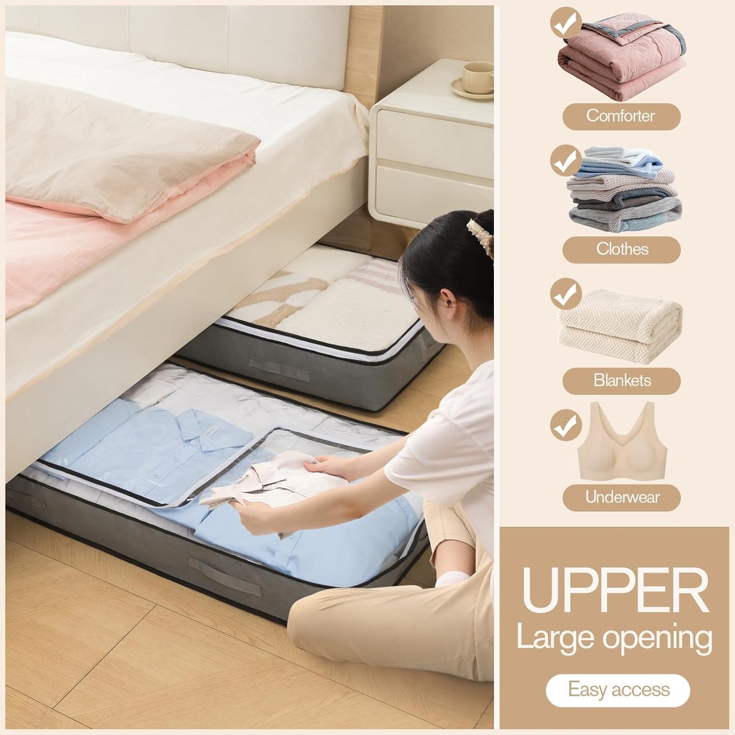 90L Under Bed Storage Containers, Closet Organizers and Storage Bins, Foldable Underbed Storage Bags for Blanket, Clothing, Comforter, Sweaters, Pillows, Linen Sheets, Wrapping Paper,black