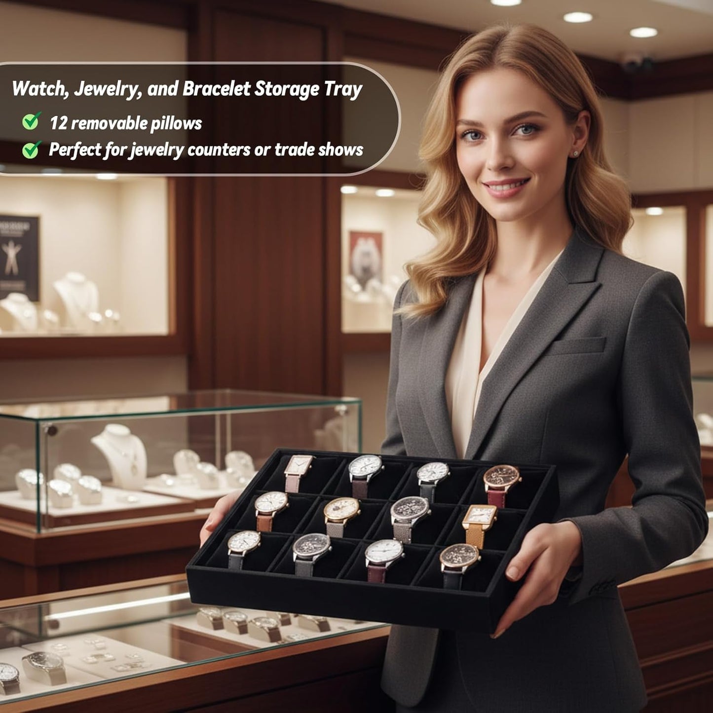 2 Pieces Velvet Watch Tray, 12 Grid Jewelry Organizer, Stackable Watch Bracelet Bangle Display Holder, Stackable Jewelry Tray, Adjustable Pillow, Stylish and Organized Multifunctional Tray(Black)