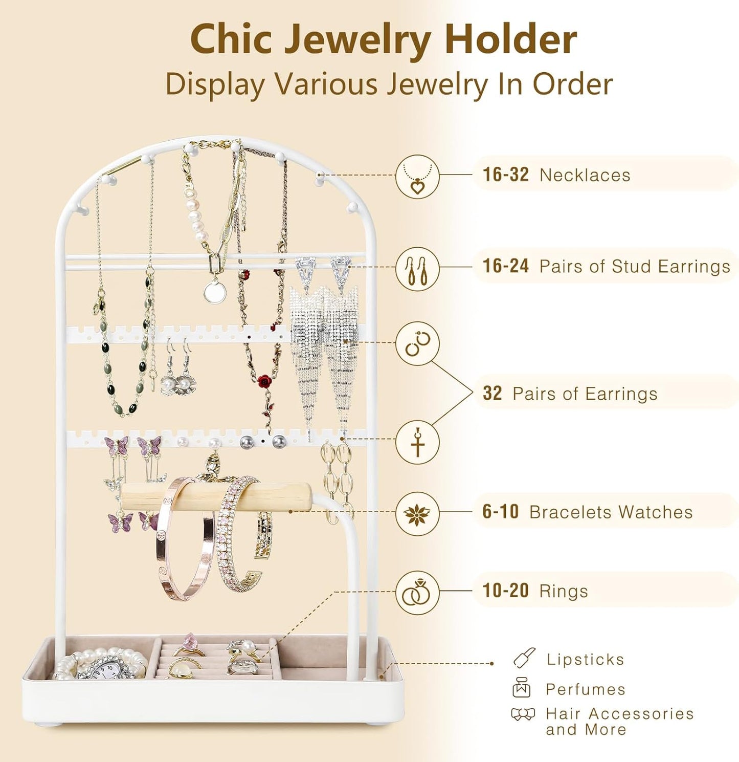 Multi-Functional Jewelry Holder Organizer Necklace Display Stand Velvet Lined Bar for Rings 2 Tier with 18 Hooks, 32 Earring Holes - Sturdy and Durable, Easy Organization White