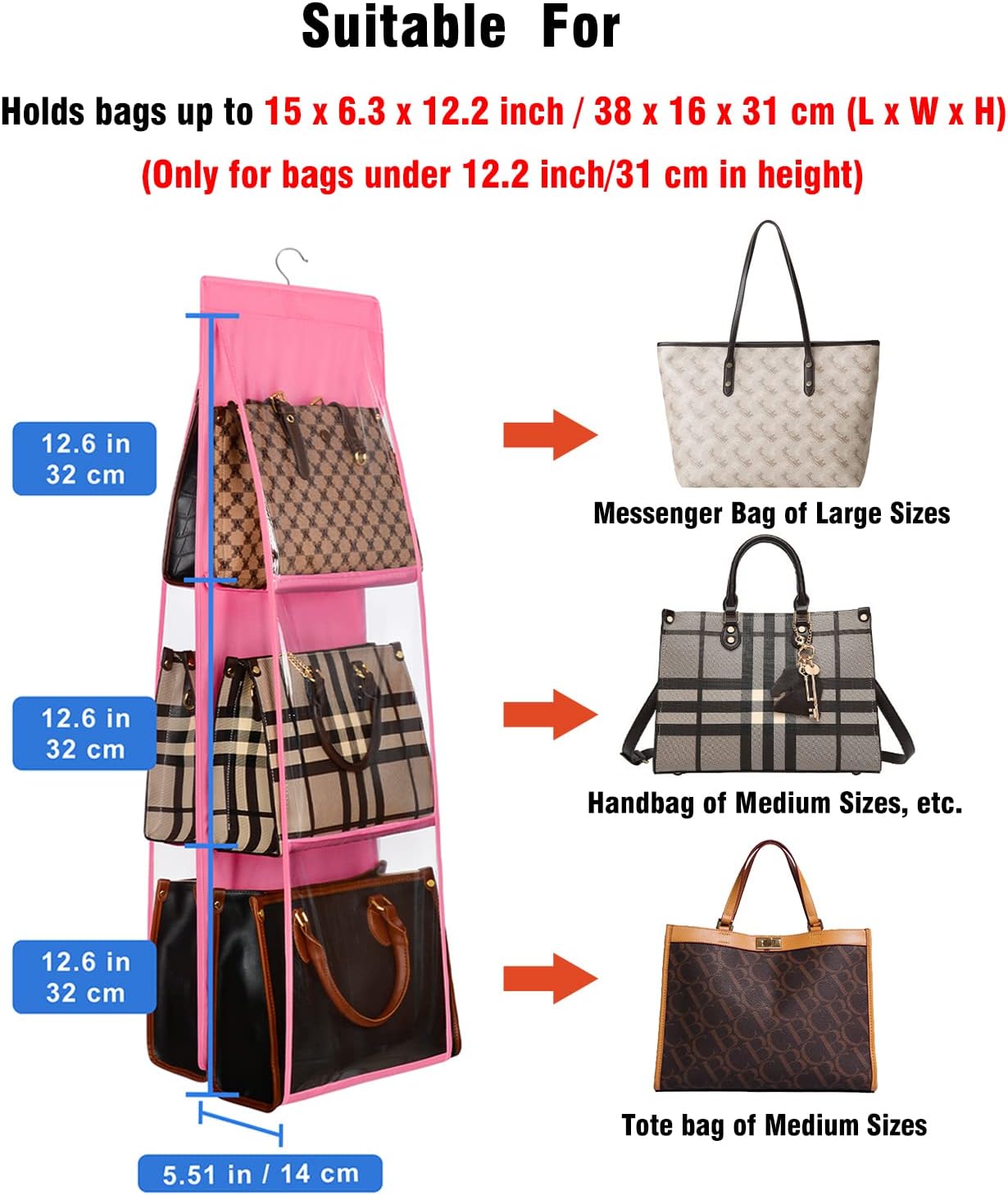 Lirex Medium and Large Handbag Hanging Purse Organizer for Closet, Handbag Storage Organizer Hanger Oxford Cloth Closet Organizer for Family Closet Bedroom, Foldable and Universal Fit, Pink